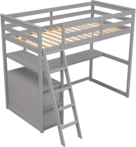Miniatura 6 de SIYSNKSI Cama tipo loft moderna de tamaño individual con escritorio y estantes marco de cama tipo loft de madera con 2 cajones integrados diseño de