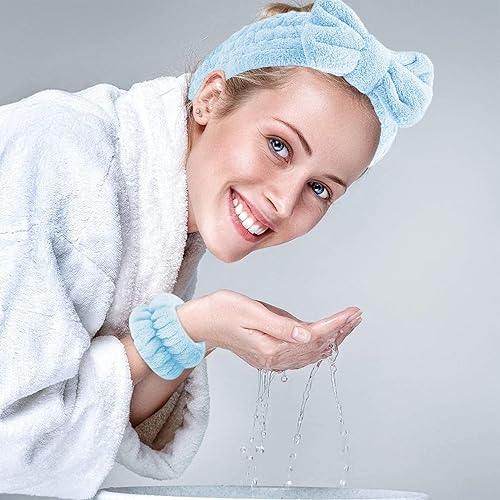 Miniatura 2 de Juego de 6 diademas de spa con lazo para lavar la cara banda de pelo y pulsera muñeca de microfibra bandas de lavado de muñecas diademas para el