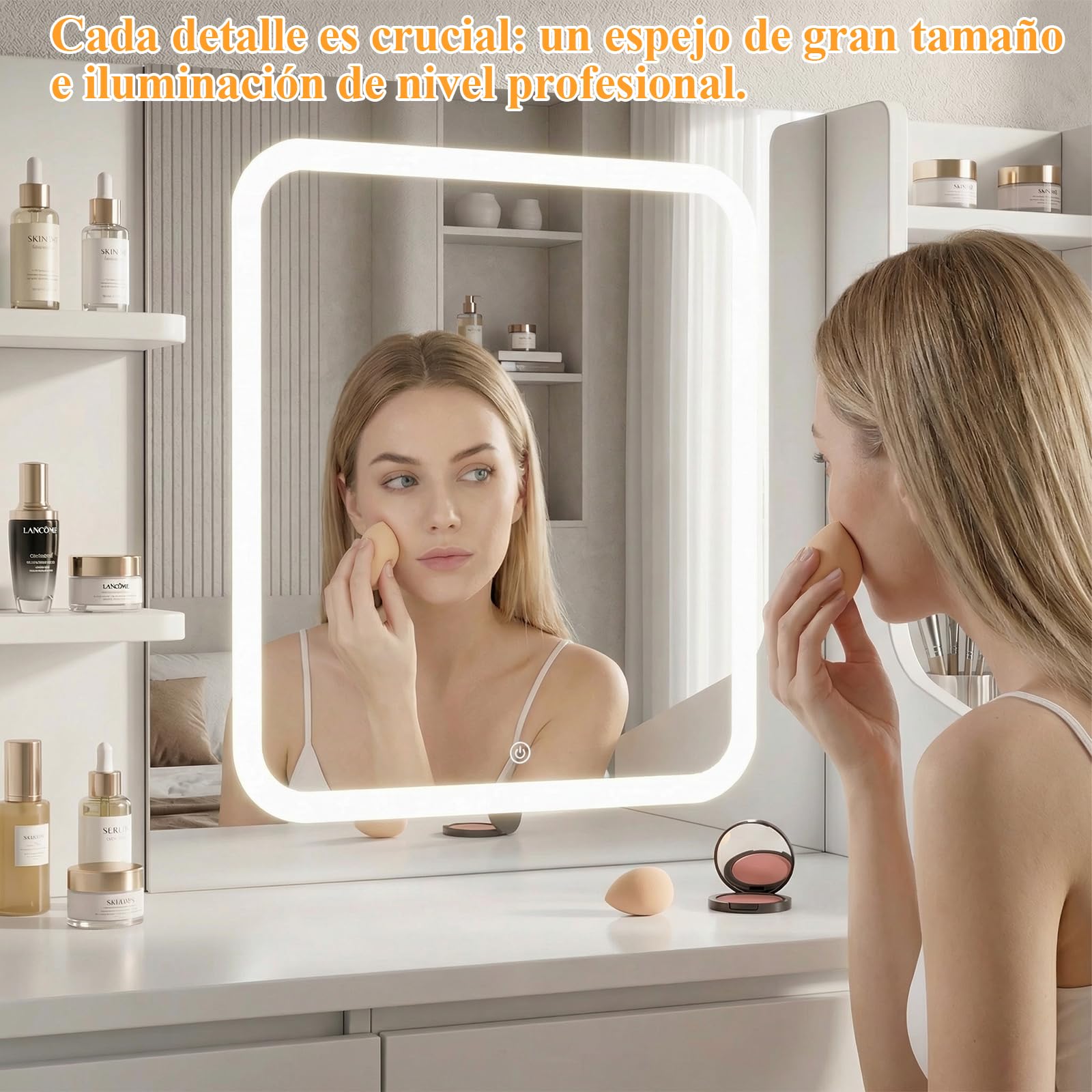 TRIUMPHKEY Tocador de Maquillaje Grande con Luces Led Regulables y Espejo, con 4 Estantes 7 Cajones 3 Compartimentos Abiertos, 110 x 40 cm Blanco