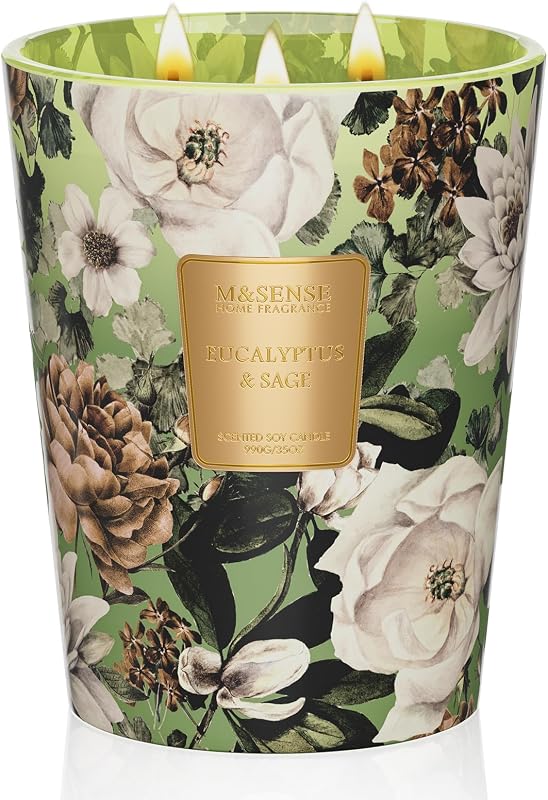 M&SENSE Eucalyptus Sage Soy Candle, 35oz 3-Wick, Stress Relief Gift | 150H Long Burn, Non-Toxic, Large Jar, CaLm Relax Home Fragrance, Meditation, Productive Room Scent