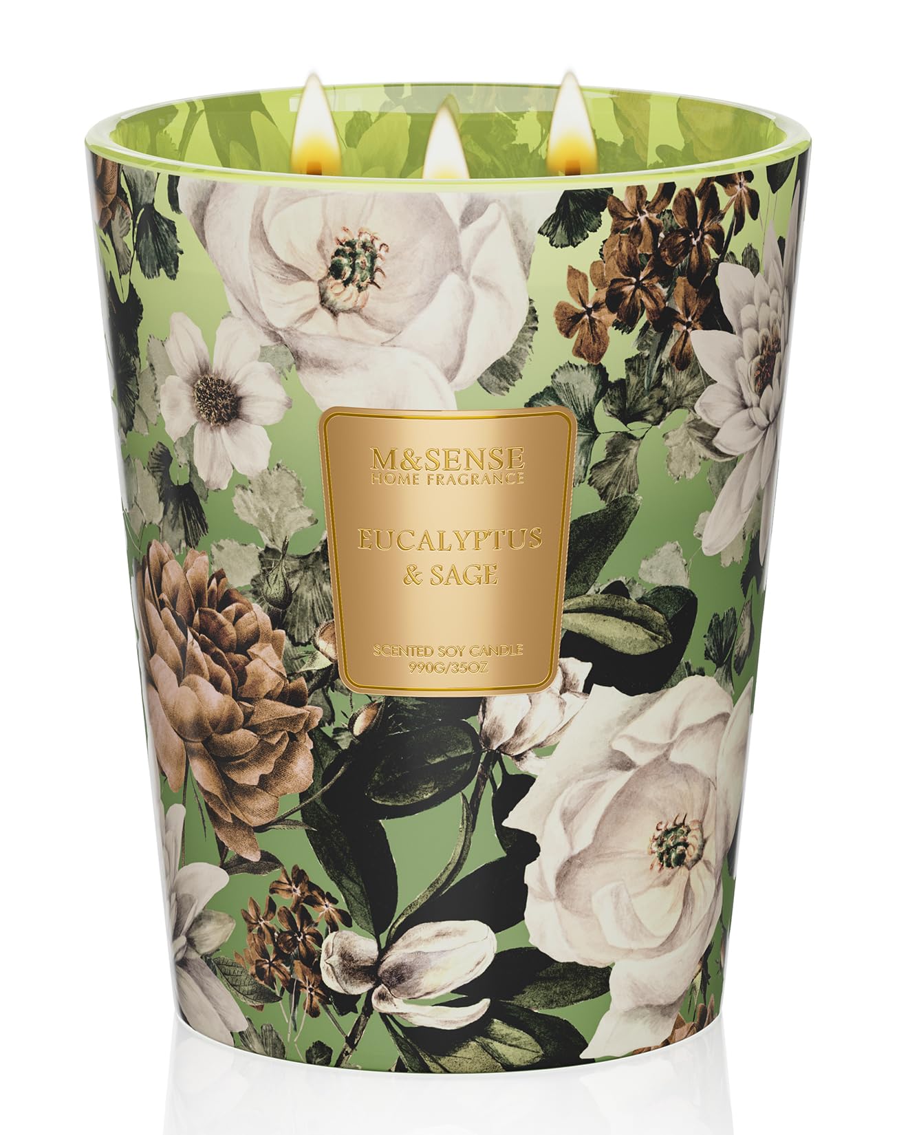 M&SENSE Bougie Parfumée Eucalyptus et Sauge, 990g Grande Aromathérapie 3 Mèches, 150 Heures Naturelle de Cire de Soja, Décoration de Salon, Cadeau de Crémaillère pour Homme Femme