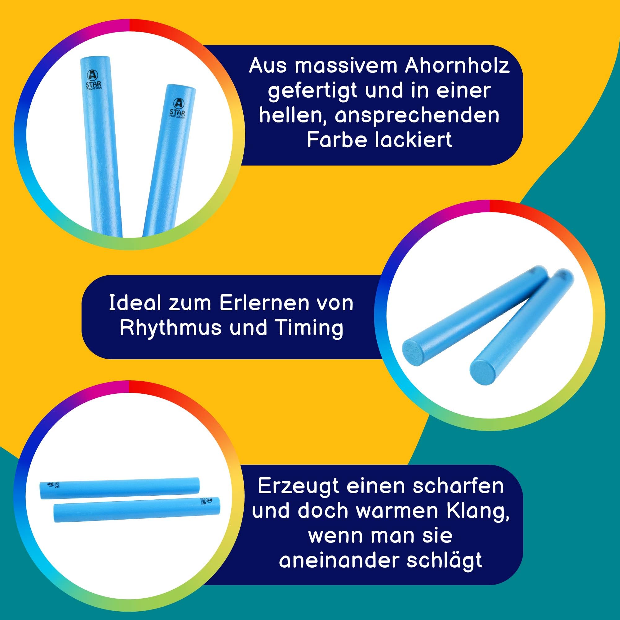 A-Star Blue Wood Claves, 20 cm – Packung mit 10 Paaren – Handrhythmusstäbe, Holzschlaginstrument