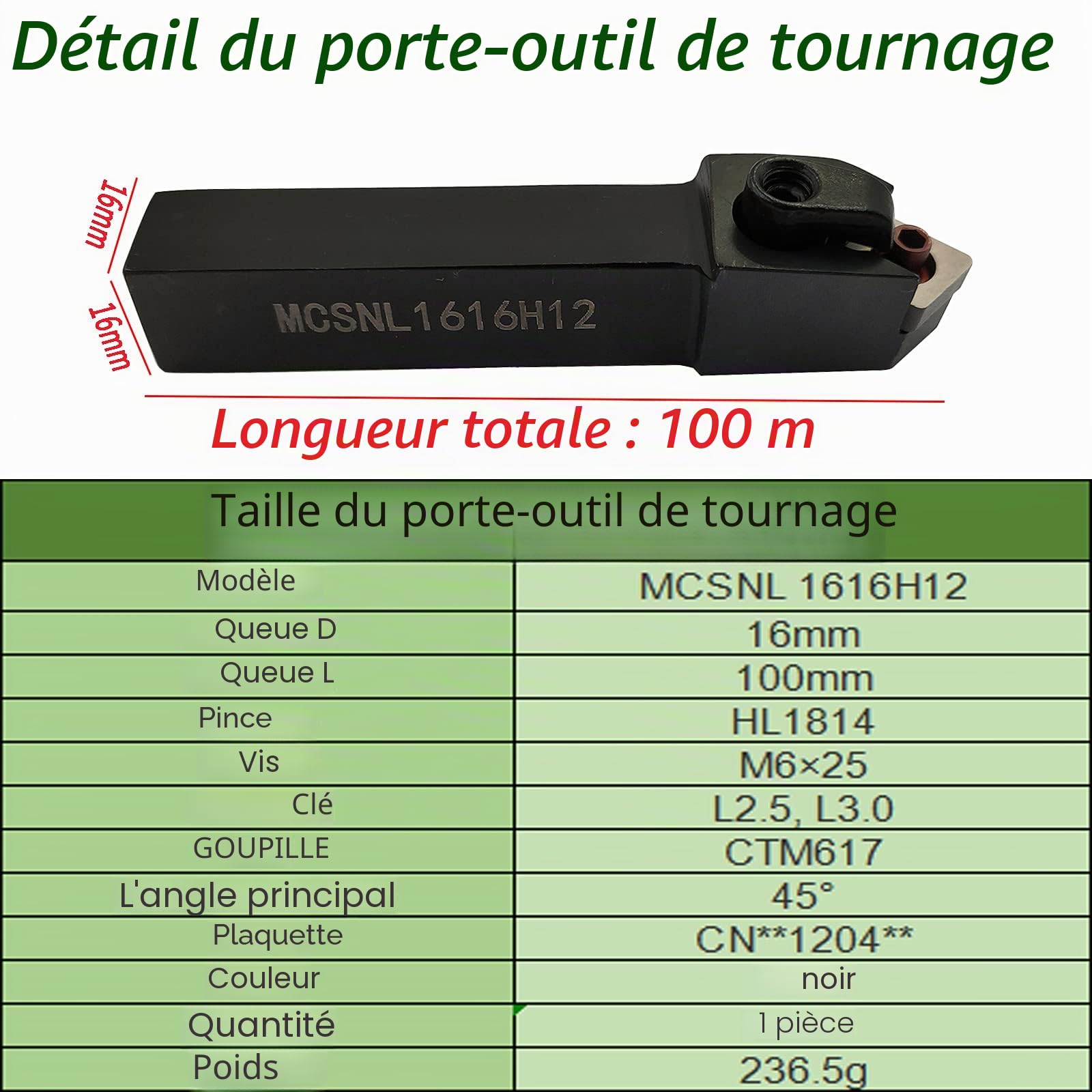 1 x MCSNL1616H12 Porte-outil de tournage CNC à gauche + 10 x embouts de tournage en carbure CNMG120408-MA