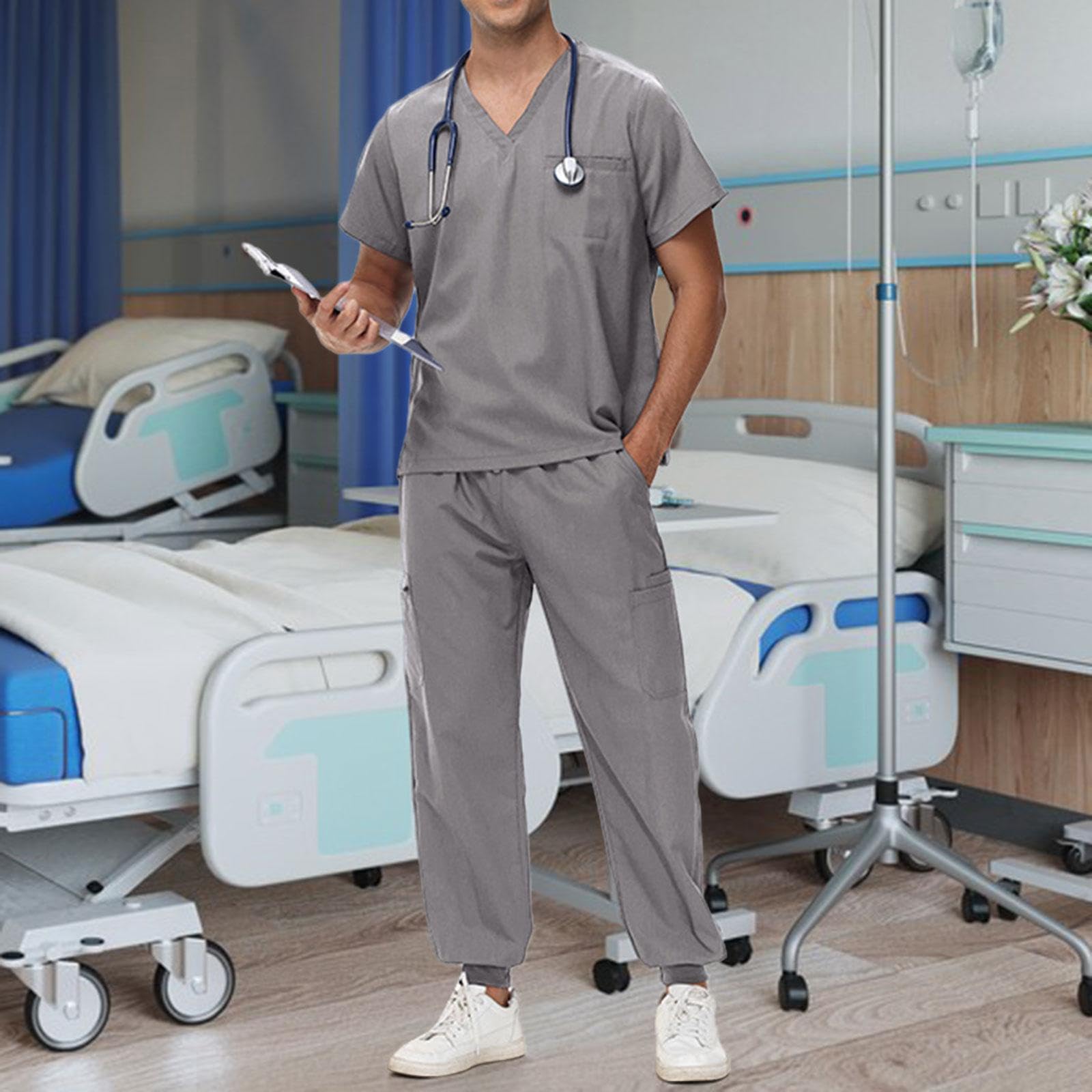 Conjunto de Uniforme de Trabajo para Hombre con Escote en V Y Pantalones, Gris L