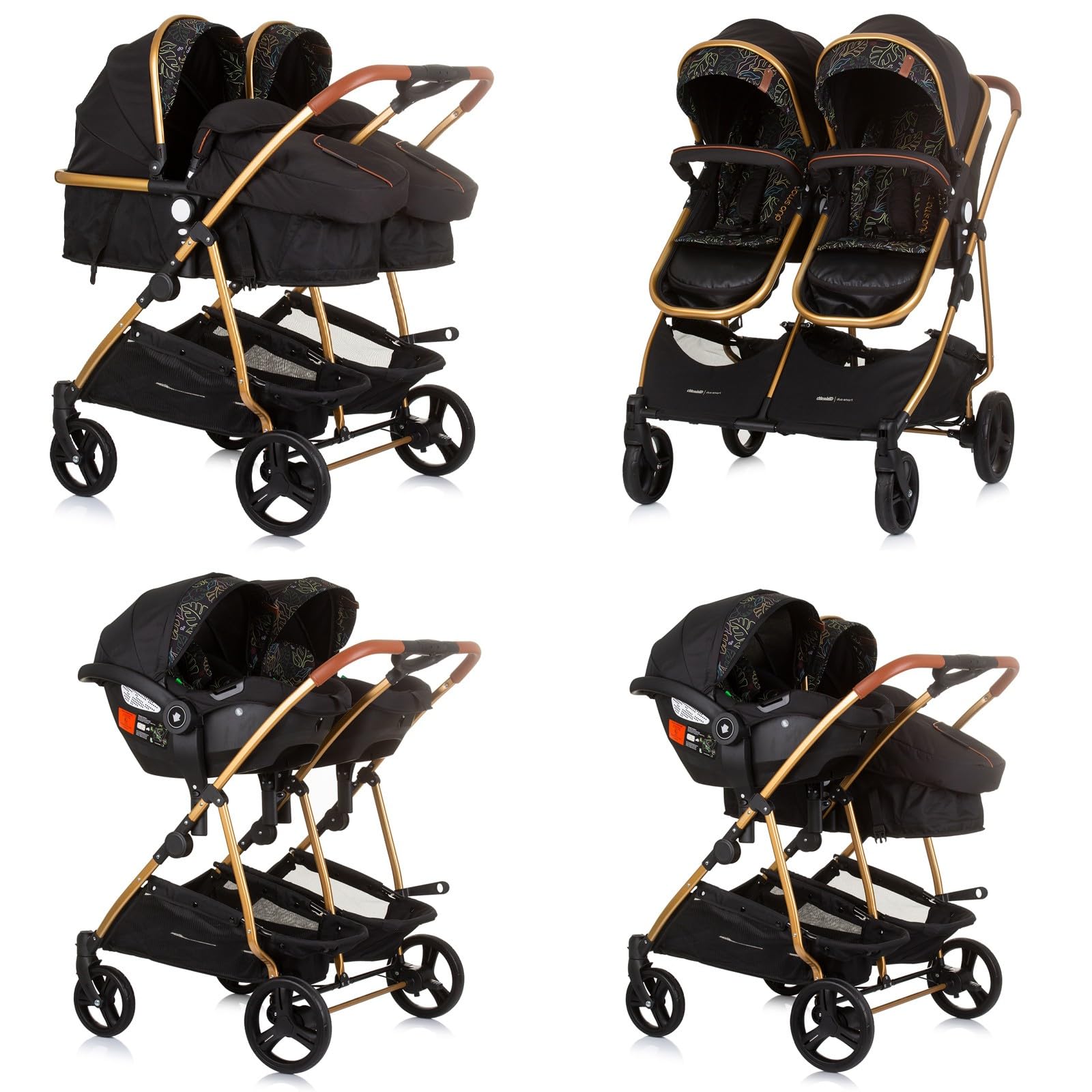 DUO SMART Poussette jumeaux ou enfants rapprochés largeur 79 cm Noir/Feuilles + 2 cosy noir/feuilles