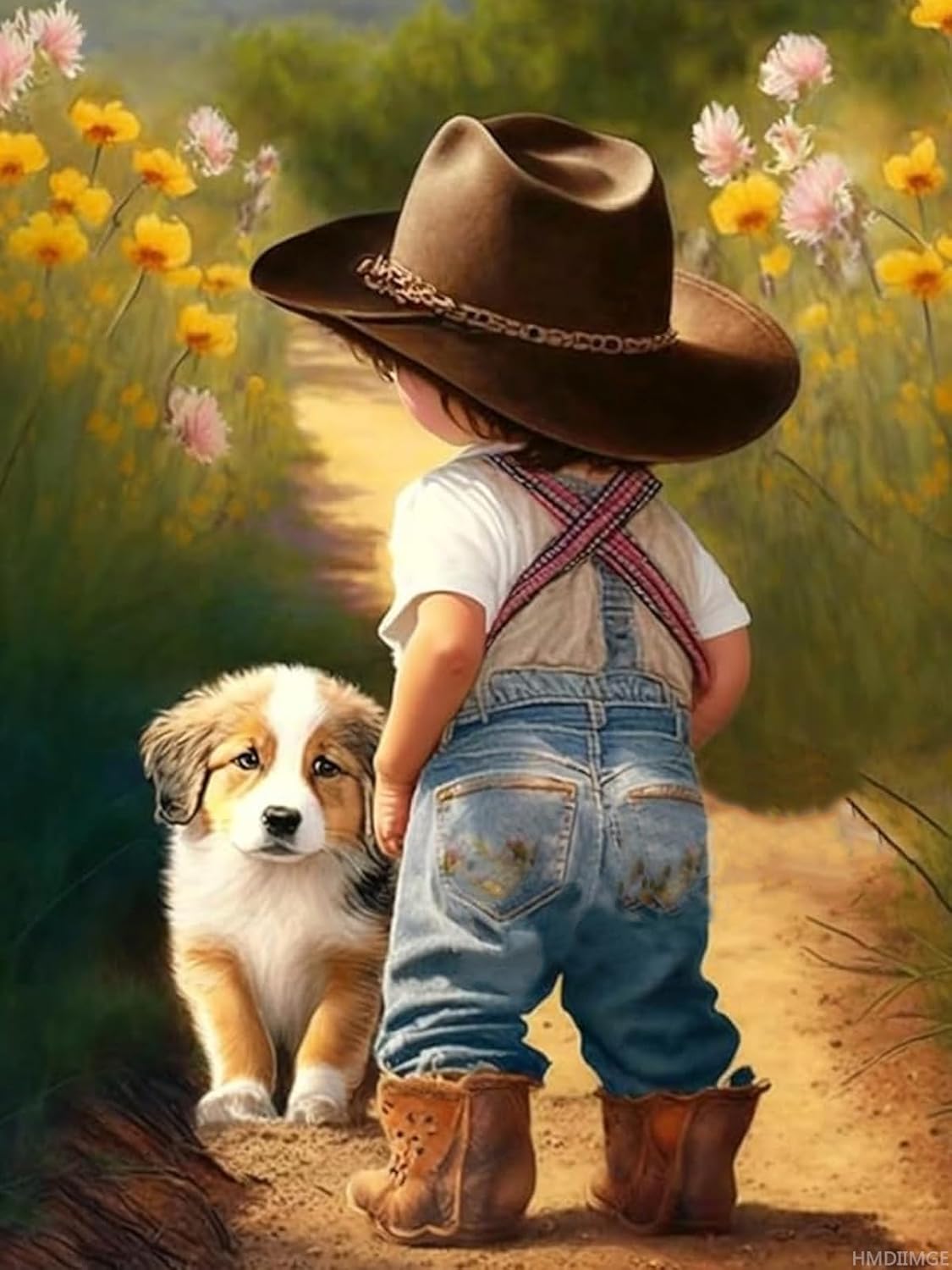 HMDIIMGE Cowboy and Puppy 5D Diamond Painting, Adult Diamond Painting Kits, DIY Full Diamond Art Craft Crystal Cross Stitch, Home Decor Wall Decor, Gift for Friends 12x16 inch