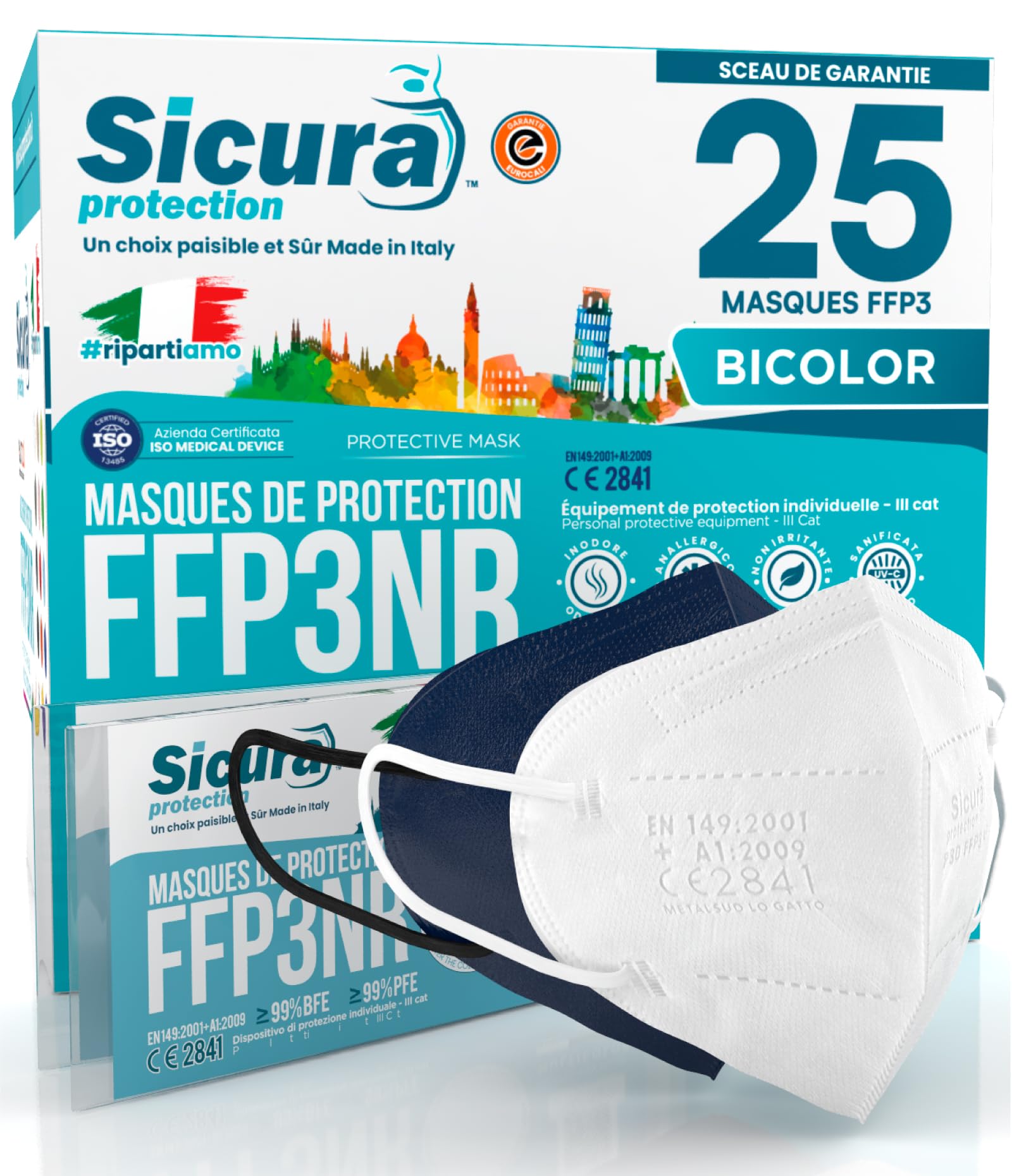 25 masques FFP3 certifiés CE Bleu et Blanc Fabriqué en Italie BFE ≥99% | PFE ≥99% logo imprimé SICURA Masque FFP3 italien aseptisé et scellé individuellement 12 Blancs + 13 Bleu