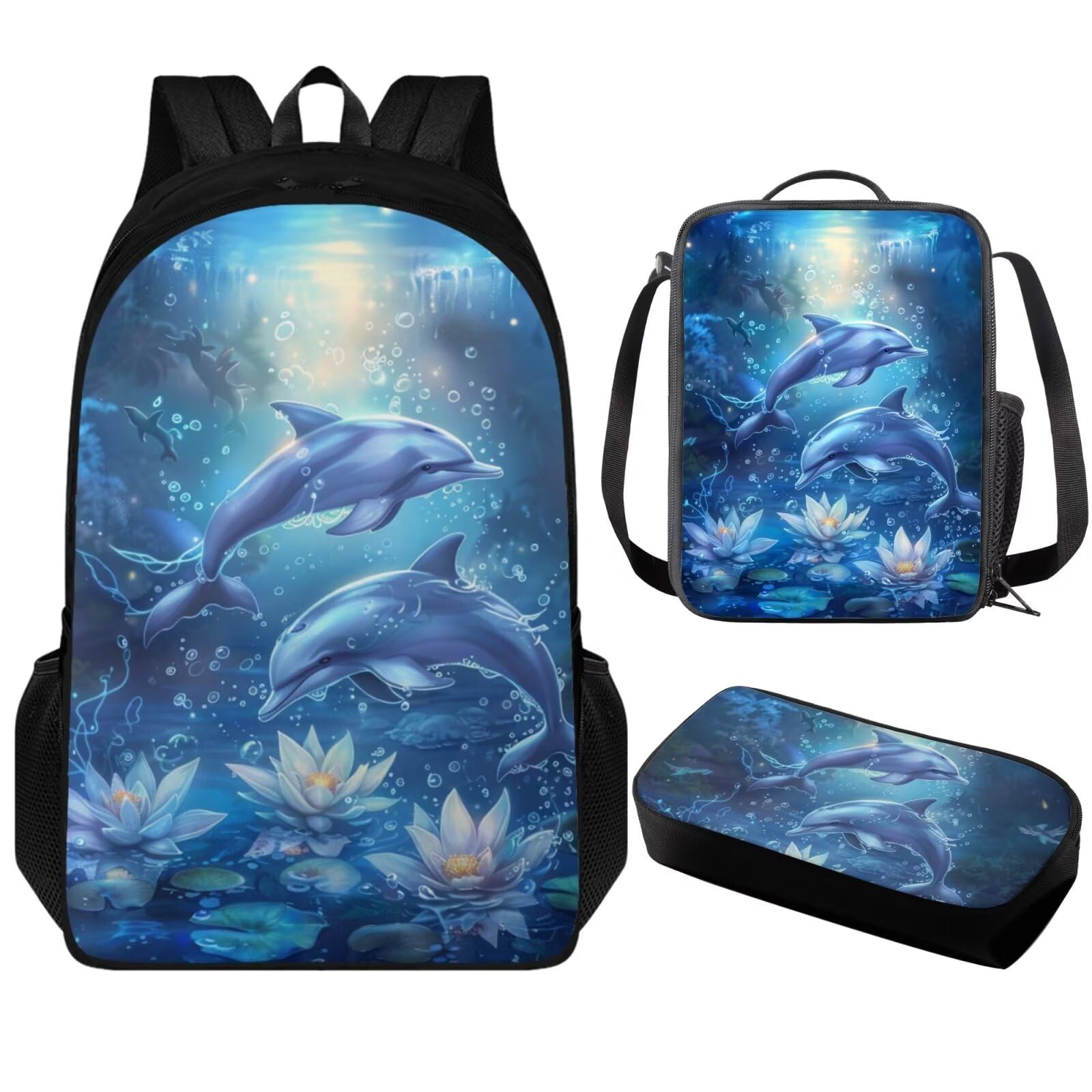 Personalized Shark Backpack Set For Kids – Bookbag With Lunch Box & Pencil Case For School, Ages 7-14