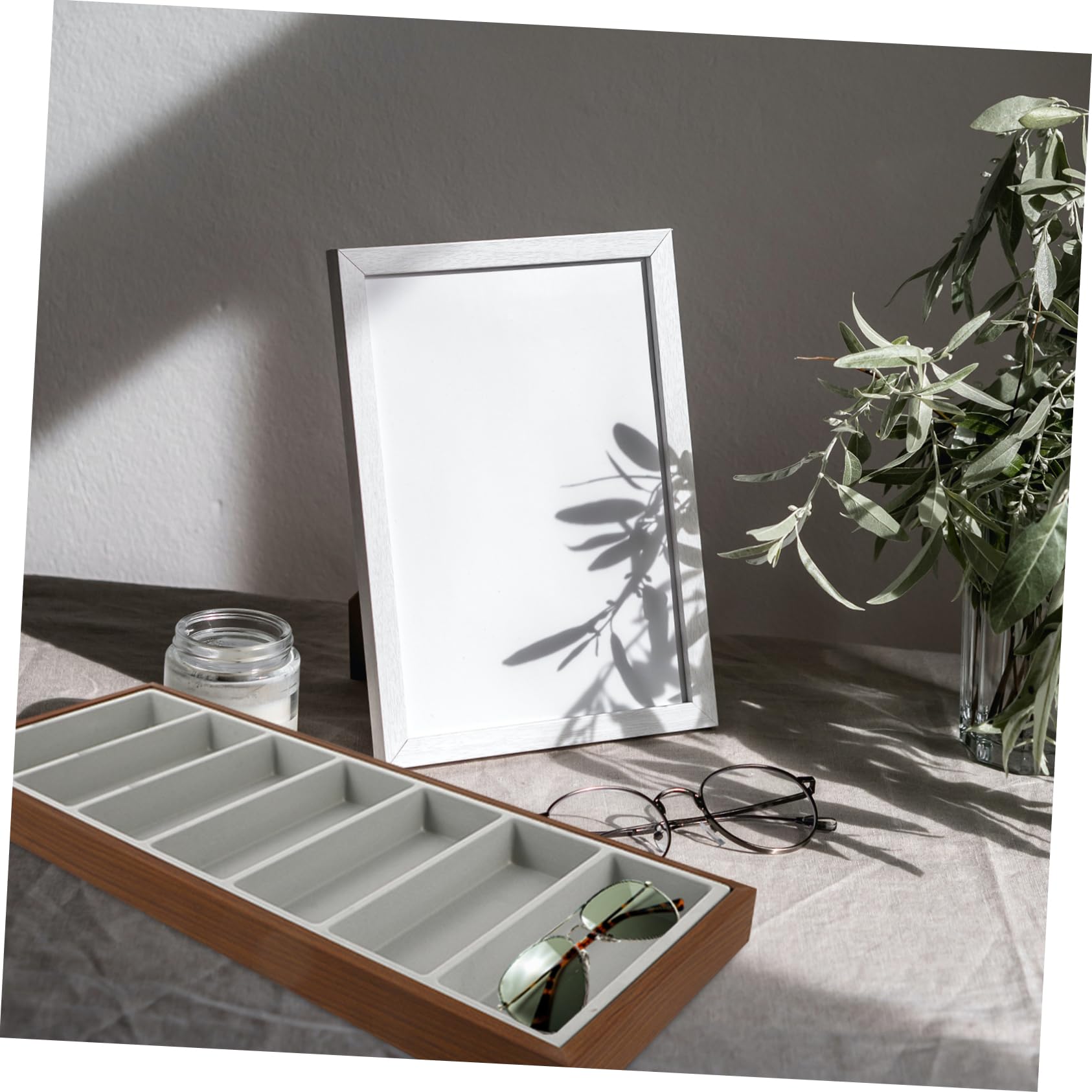 LIFKOME Bandeja De Exhibición De Gafas De Sol para Tienda y Hogar con Compartimentos Bandeja Organizadora De Madera y Gris para Guardar Gafas De Sol