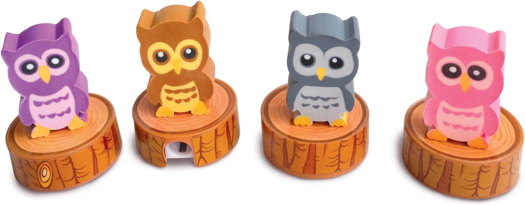 The Piggy Story Woodland Owl Set of 4 Pencil Sharpeners with Die-Cut Erasers