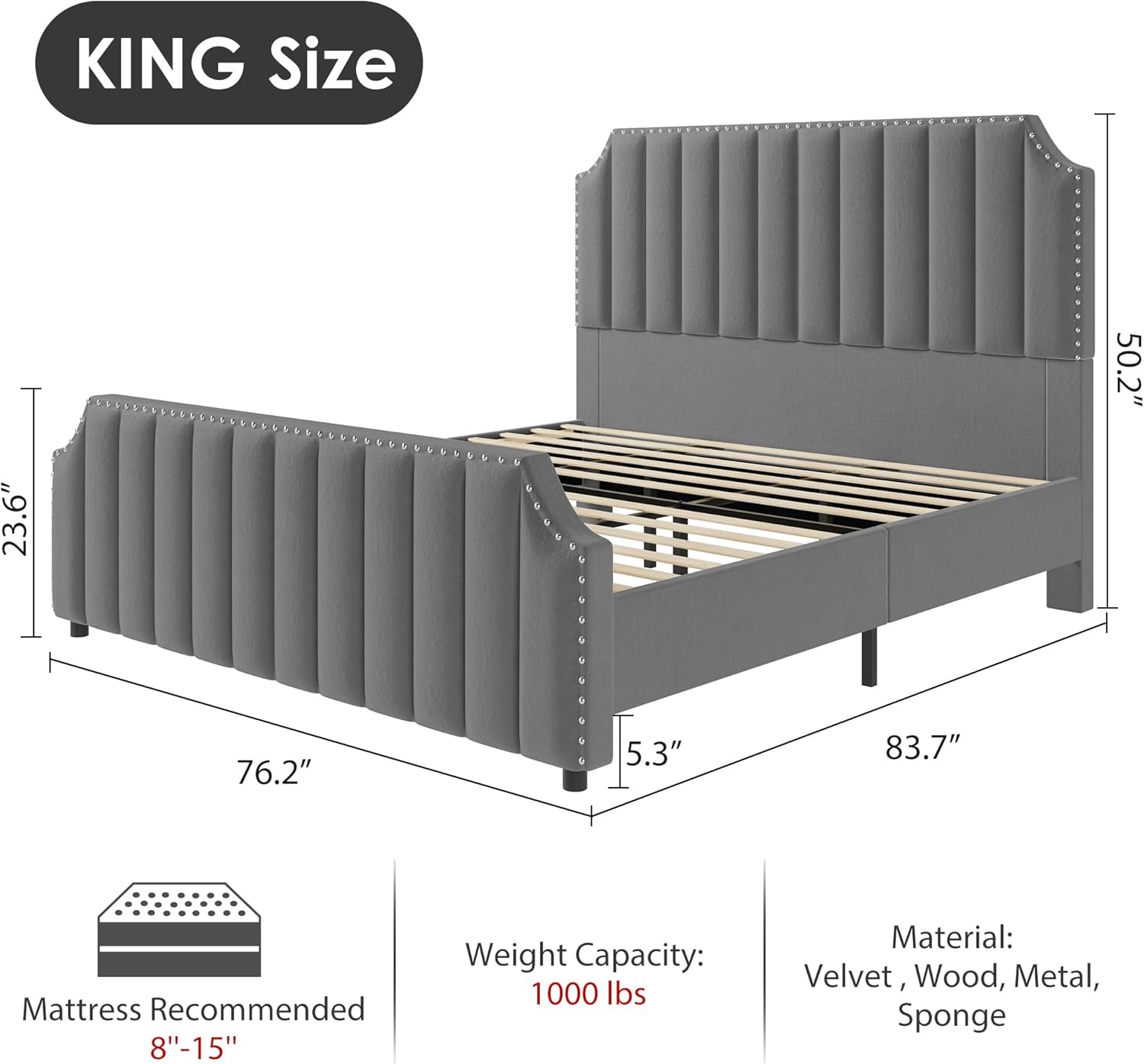 GarveeHome King Size Platform Bed Frame dimensions diagram