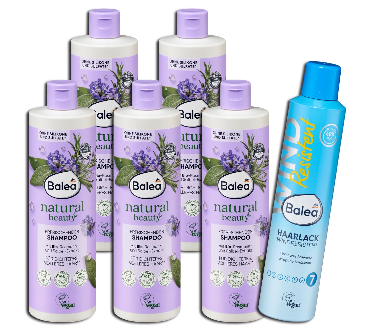 Balea 6er Set: 5 x Shampoo erfrischend natural beauty Kräuter, 5 x 400 ml + Haarlack