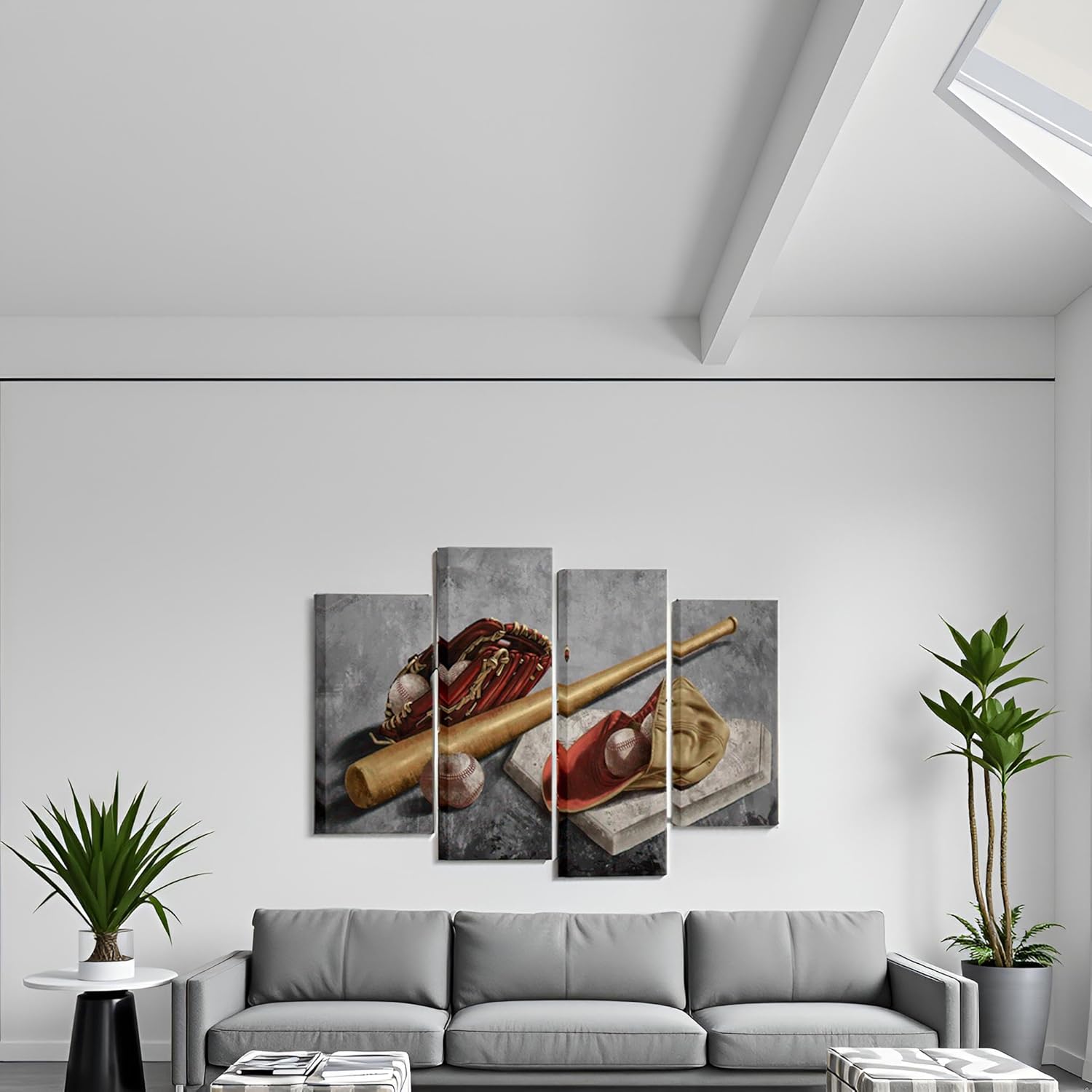 LevvArts 4 Panel Baseball Canvas Wall Art Retro Sports Painting Pictures Artwork for Boys Bedroom Decoration Rustic Gym Decor Art Poster Framed Ready to Hang