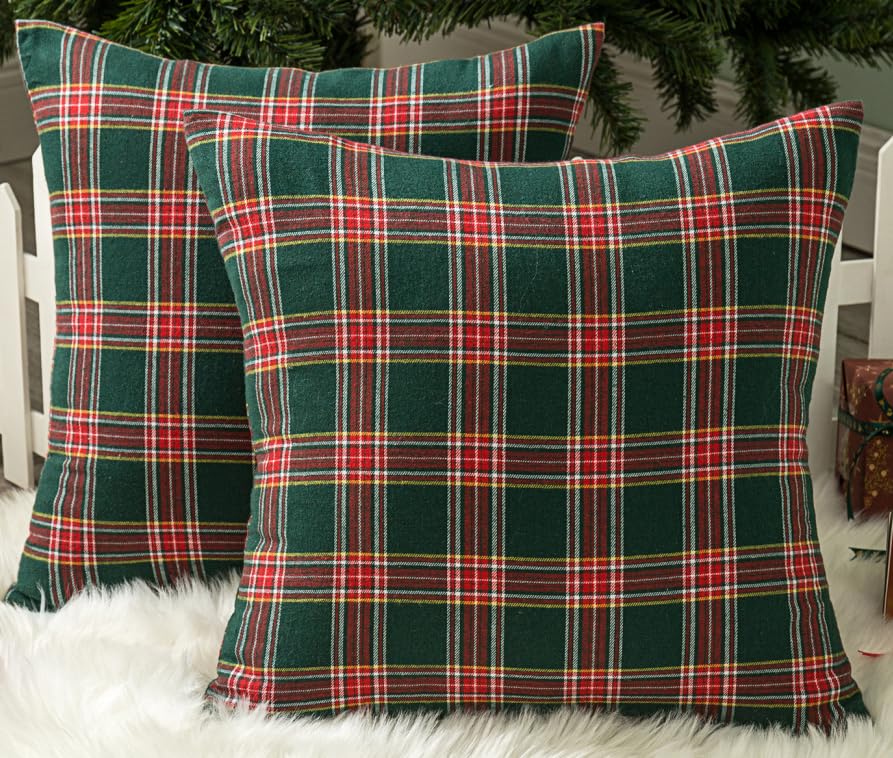Image of AQOTHES Christmas Plaid Decorative Throw Pillow Covers Green Red 22x22