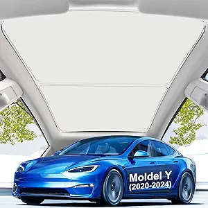 Upgrade Tesla Model Y Sunshade Roof [Never Sag Gap, Nano Ice-Crystal Coatings] 3-Gen Heat Insulation Keep Cooling Foldable Glass Roof Sun Shade, Accessories for Model Y 2020~2024,Tesla Interior White