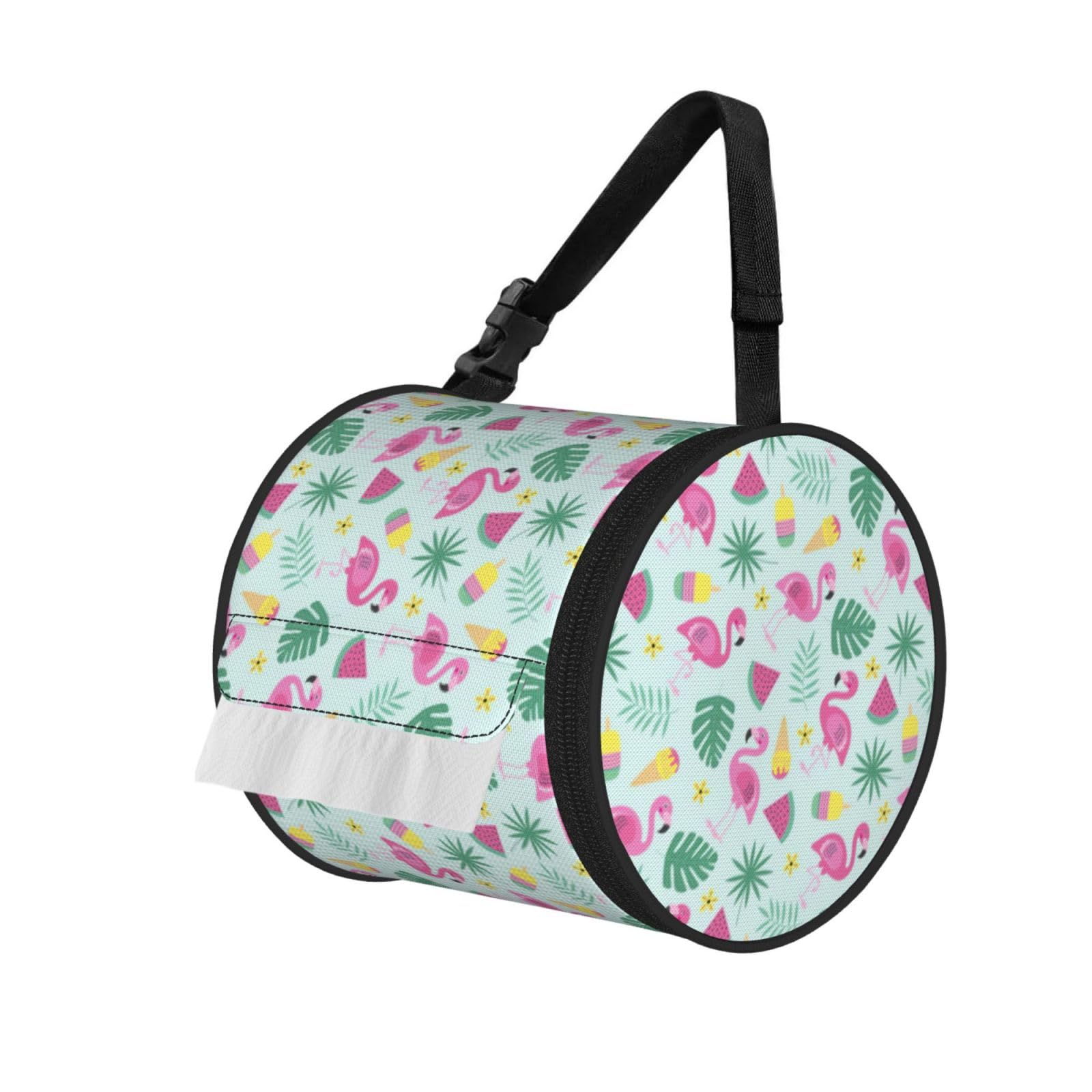 Flamingo Ice Cream Fruit Print Round Tissue Dispenser Bag With Carry Strap, Portable Roll Holder For Car Travel Home