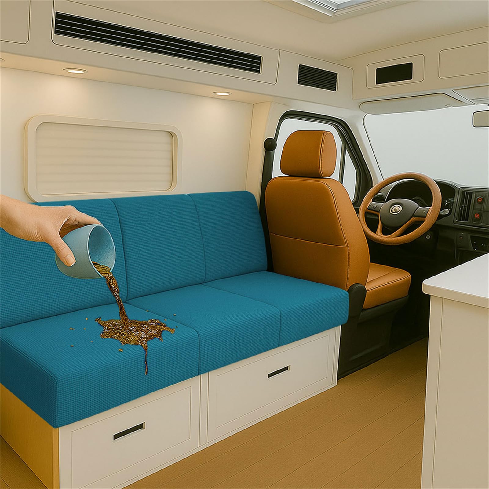 Stretch RV Cushion Seat Covers Waterproof for Caravan Bench Dinette, Jacquard Sofa Seat Protector with 2 Elastic Straps Multi Size Fitted Slipcover for Camper Indoor (Blue,L160-190cm W 40-65cm)