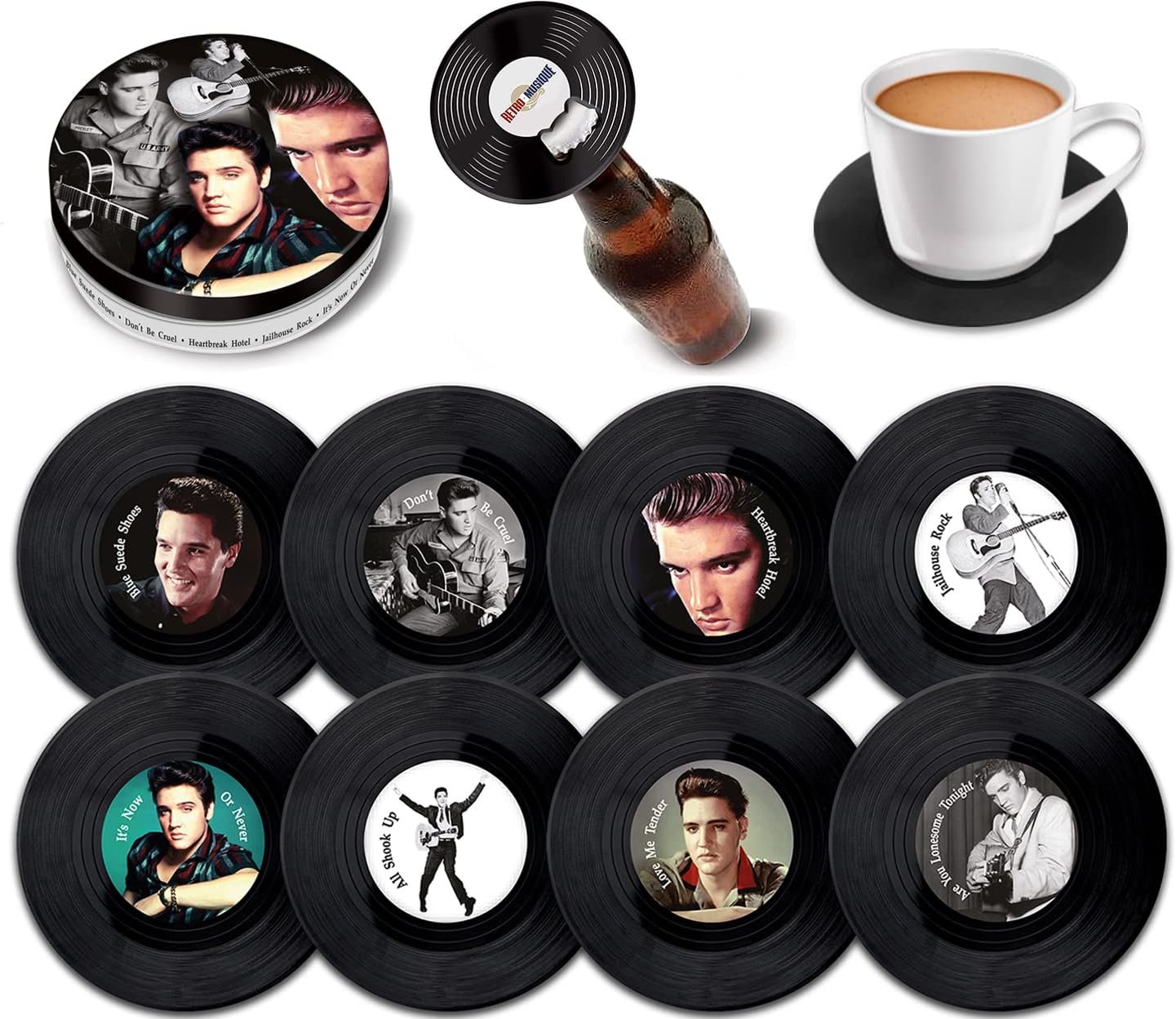 Elvis Presley - 8 Piece Mini Vinyl Record Coaster Set with Tin & Magnetic Bottle Opener by