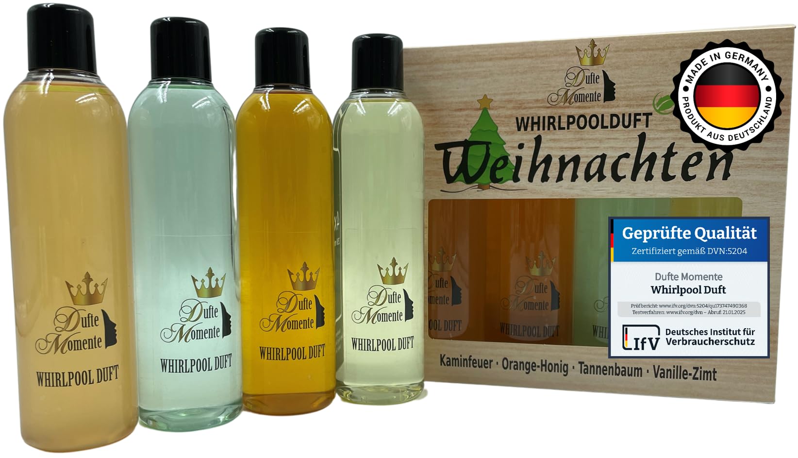 Weihnachts Whirlpool Duft Set 4er - Geschenkset für Sie & Ihn - Schaumfrei Badezusatz für Spa & Badewanne - Duftkonzentrat mit Ätherischen Ölen | Kaminfeuer, Tannenbaum u.a. | Made in Germany