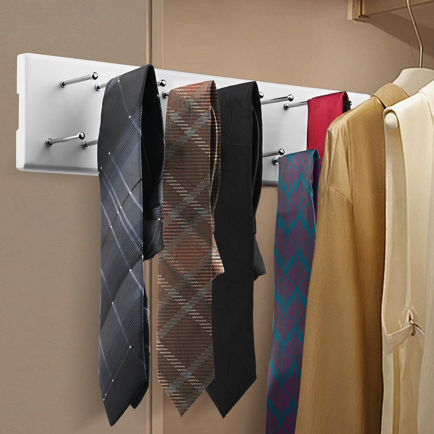 Pull Out Tie Rack for Closet, Wood Sliding Belt Rack with 21 Tie Hanger | Side Mounted Slide Out Tie Rack Belt Hanger Rail Organizer Storage Scarf Holder for Ties Scarves Belts Shawls, White
