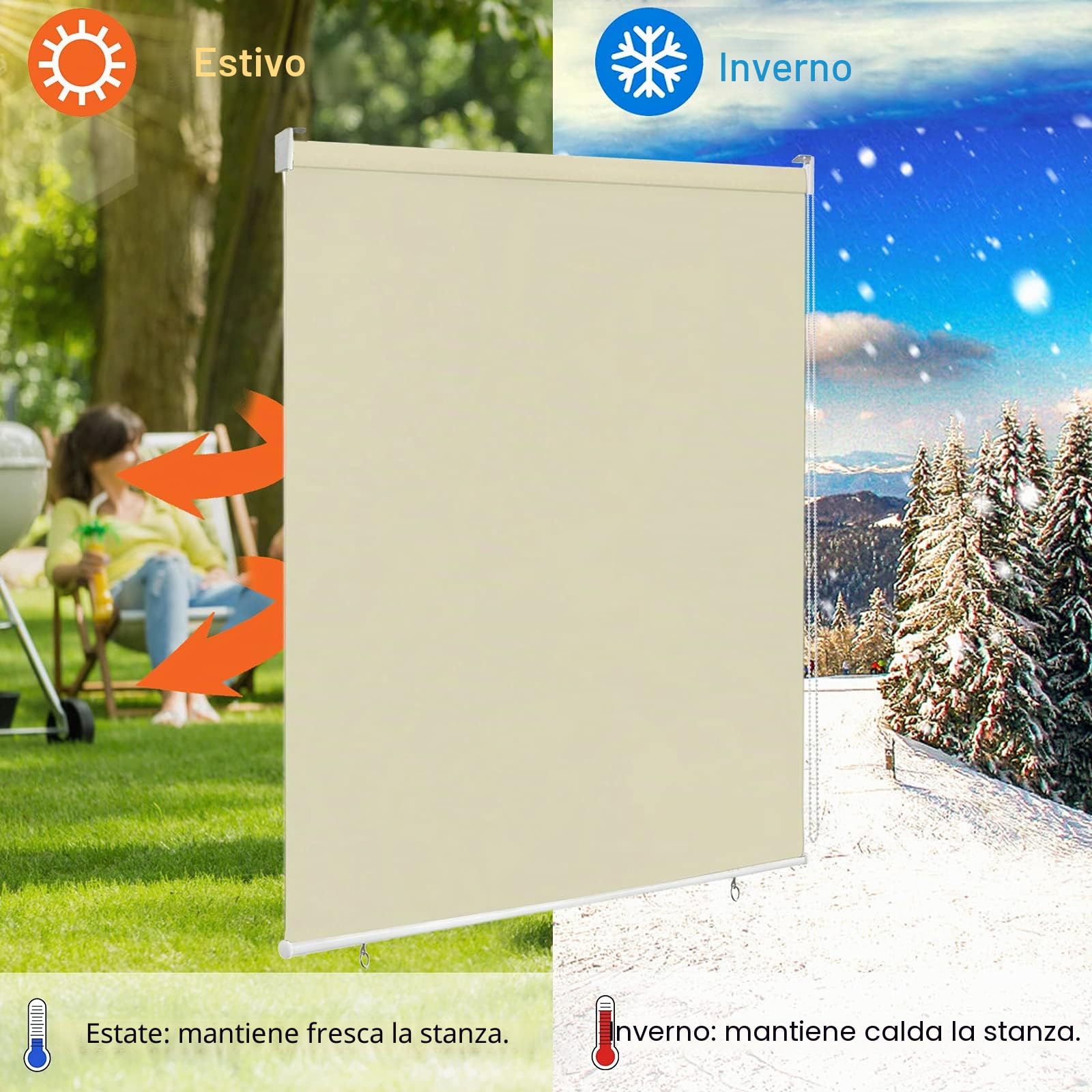 Tenda a rullo per esterni, verticale, tenda avvolgibile per finestre, 180 x 240 cm, colore beige, protezione solare, resistente alle intemperie, oscurante, per finestre e porte