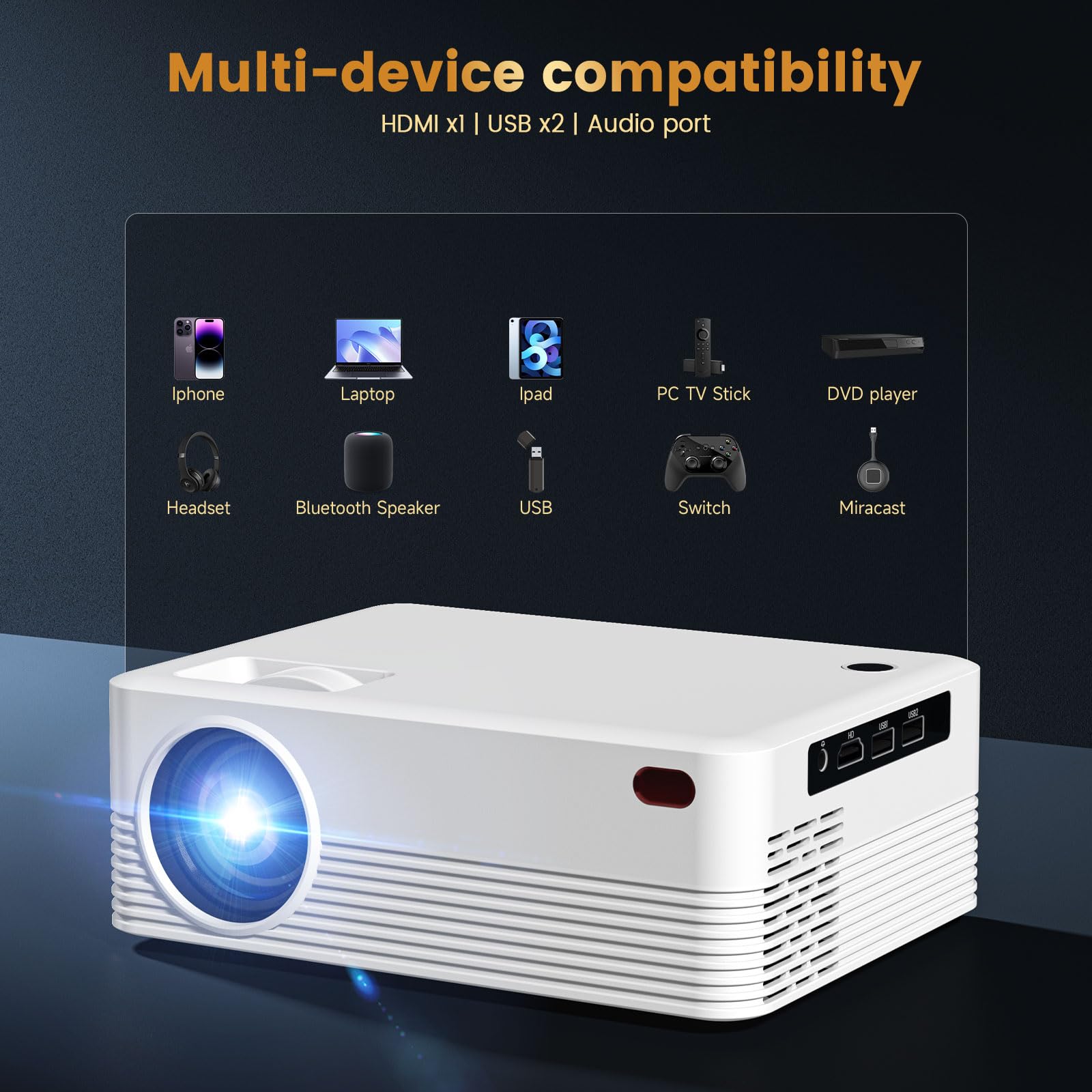 Mini proiettore portatile, proiettore Bluetooth 1080P con schermo, compatibile con iOS/Android/Windows/TV Stick/Box/USB/HDMI, bianco