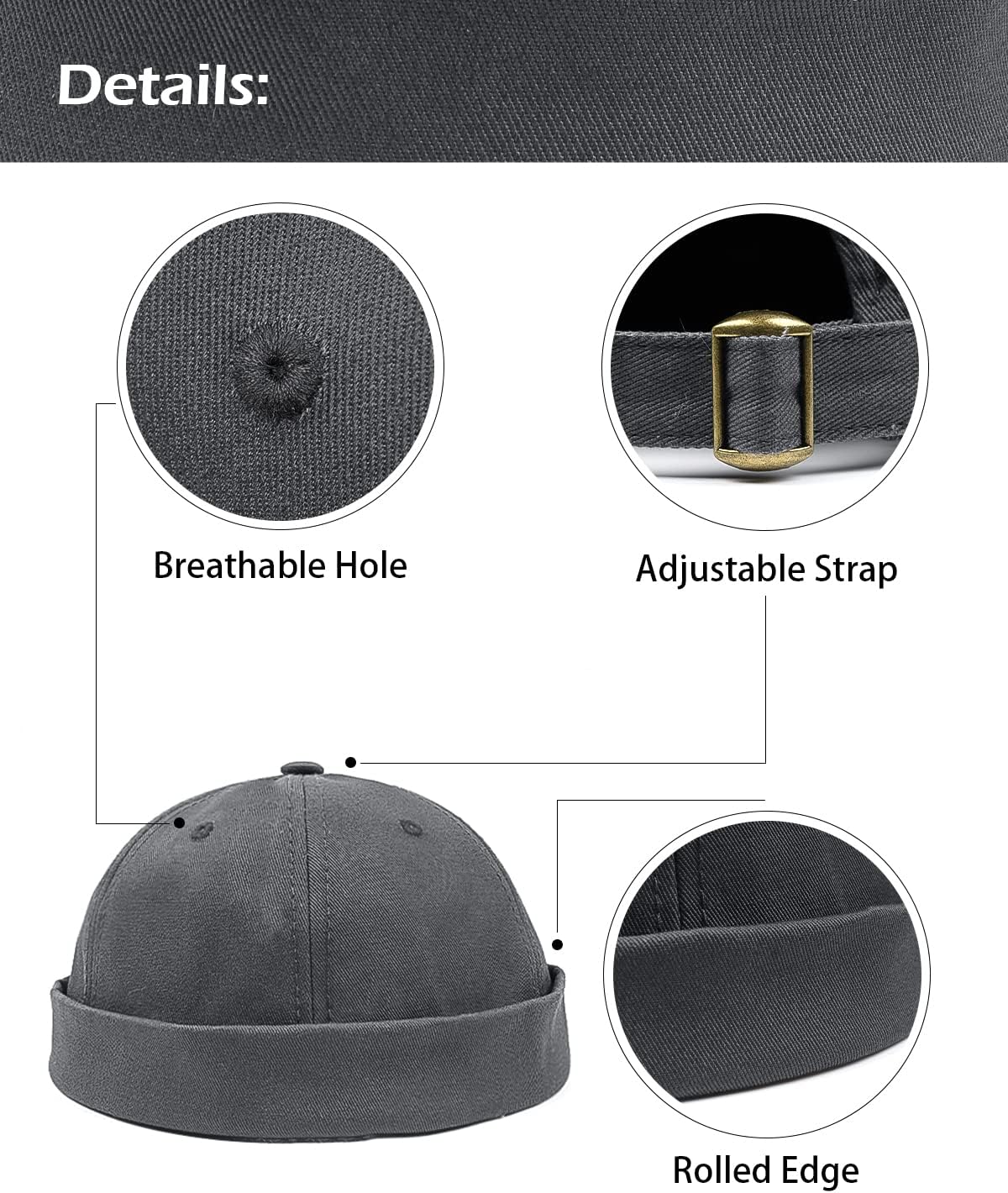 Zylioo Oversize XXL Brimless Hats,Large Rolled Cuff Skull Cap,Adjustable Sailor Docker Cap,Short No Visor Harbour Hat