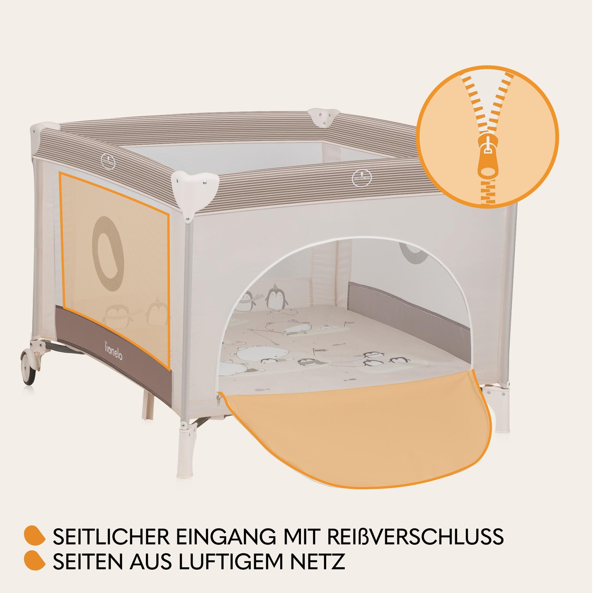 LIONELO BONNIE Laufgitter bis 15 kg, von der Geburt bis 36 Monate, Seitlicher Zugang mit Reißverschluss, Seiten mit Luftmaschen, schnell zusammenklappbar, gebremste Räder, Tragetasche