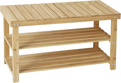 Zapatero de 3 niveles para entrada, almacenamiento de zapatos de bambú, estante organizador de zapatos, estante de almacenamiento de zapatos, banco