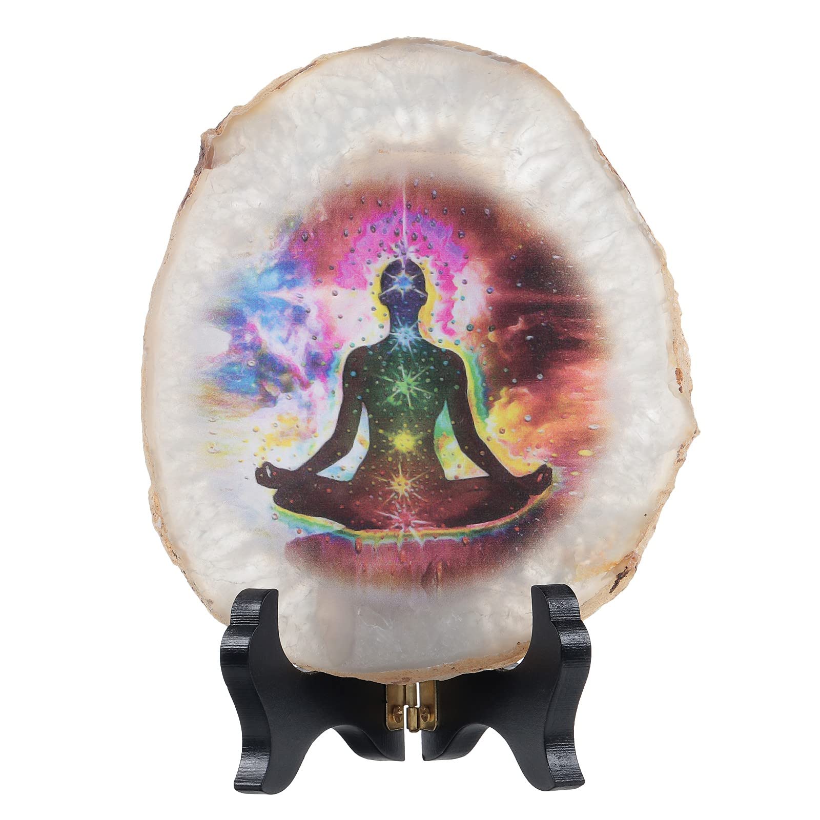 KYEYGWO Natural Irregular Agate Slice 7 Chakra Painting Decor with Wooden Stand Reiki Stone Feng Shui Decoration for Home and Office 7 Chakra