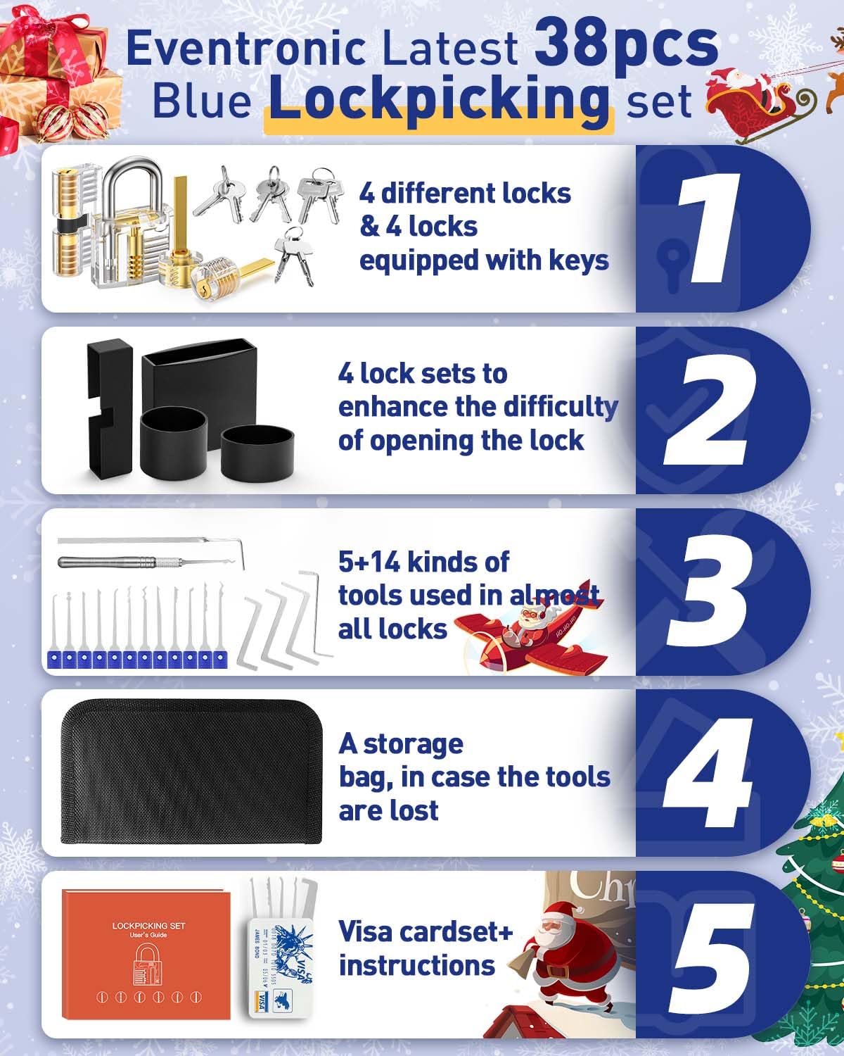 Eventronic Set Grimaldelli da 38+4 Pezzi, [2024 Aggiornamento Difficoltà & Nuove Sfide] Kit Scassinatore con 4 Trasparente Serratura Lucchetto, Lockpicking Set per Fabbri Principianti ed Esperti