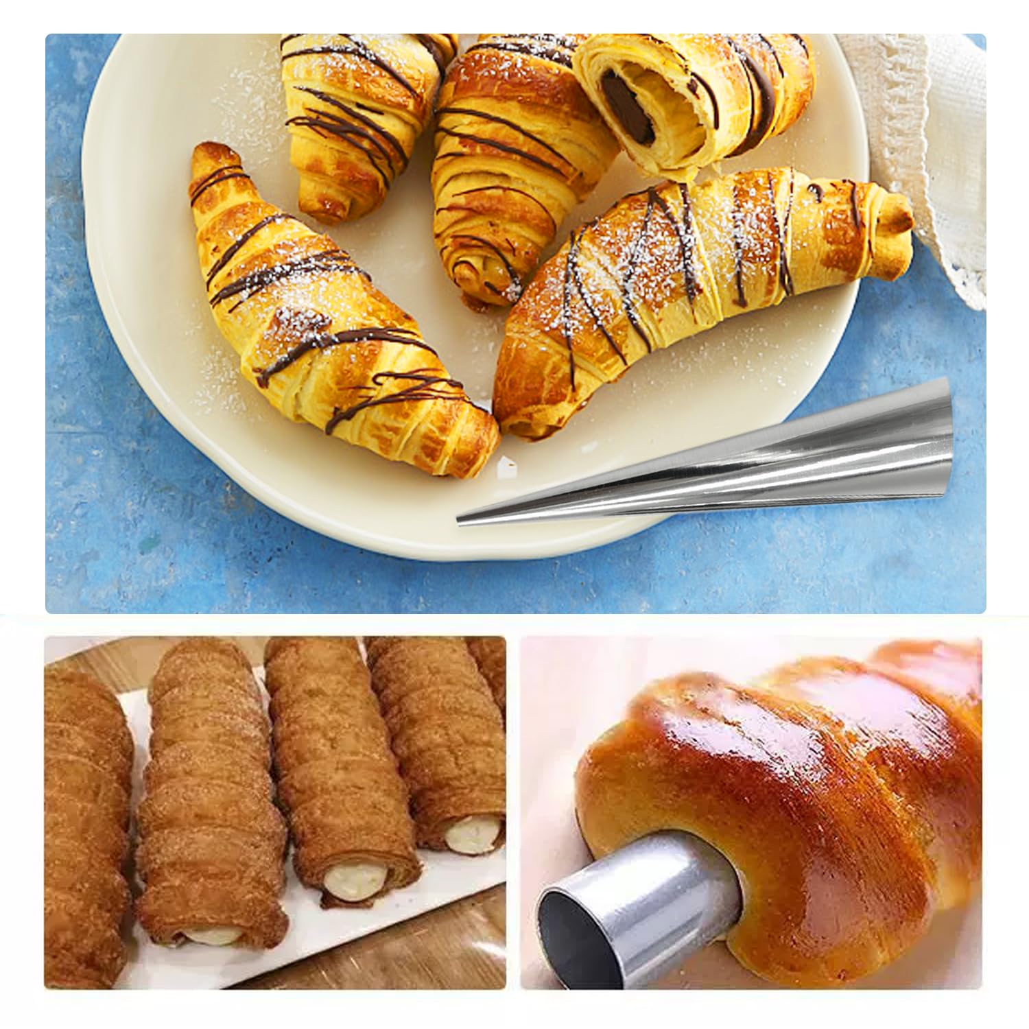 15 moldes para hornear croissant, con 1 cuchillo desmoldeante y 1 cepillo de limpieza, moldes de forma rizada, herramientas para hornear de cocina, rollos de crema cónicos, rollos de espuma antiadhere