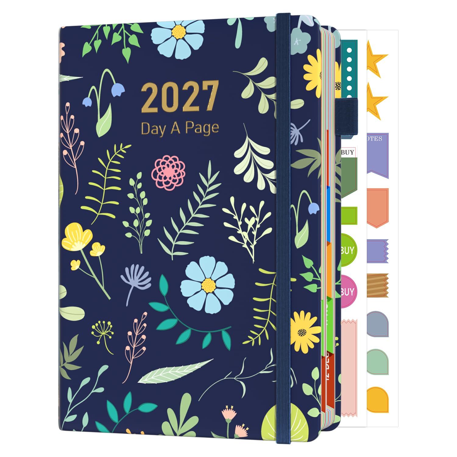 Sailingvan 2027 Diary A5 Page a Day, January -December 2027, Leather Agenda Daily Planner Productivity Stickers, Monthly Overview with Colorful Tabs, Elastic Strap, Pen Loop & Pocket (8.5'' x 5.8'')