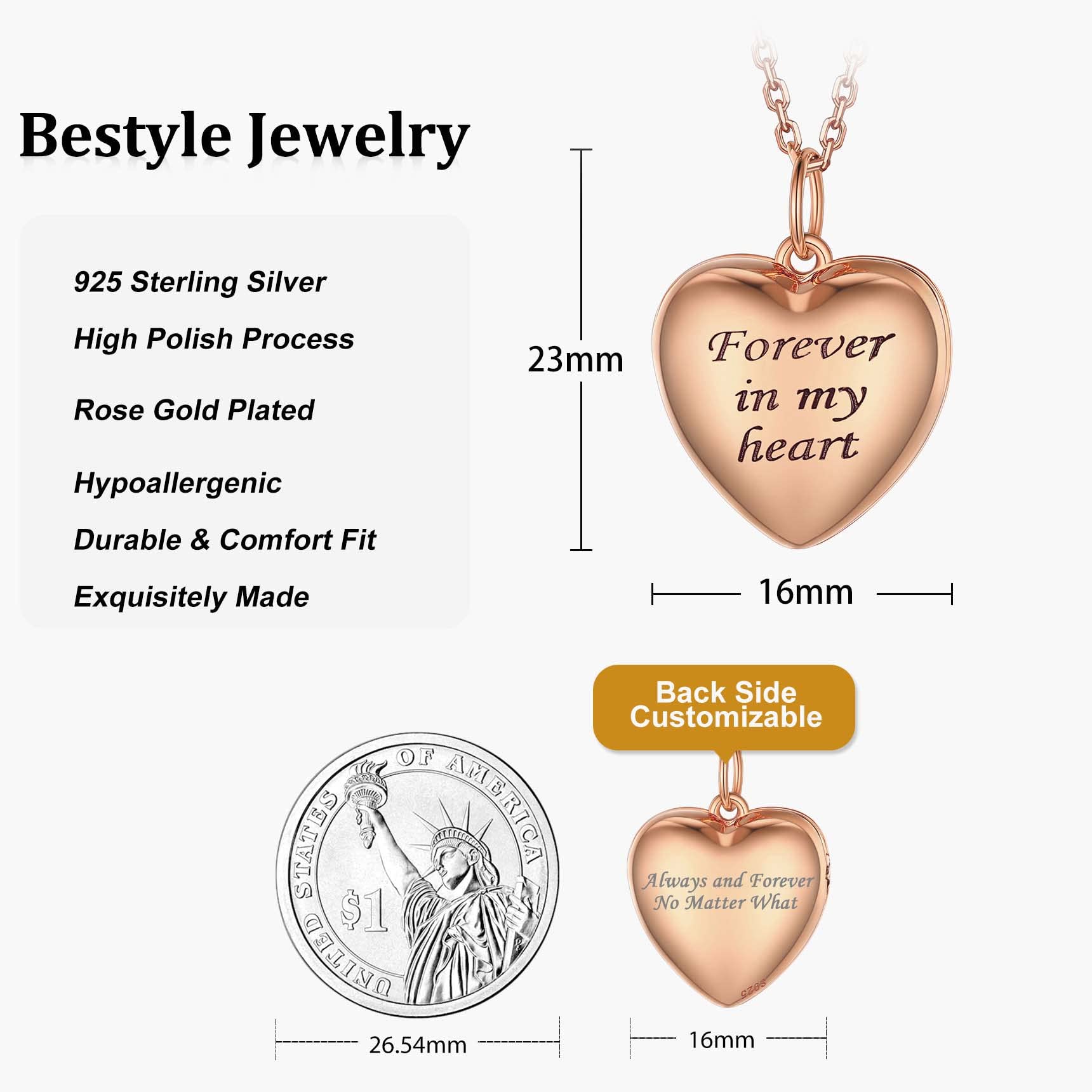 Bestyle Argento 925 Collana Foto Personalizzata a Cuore Portafoto Argento Ciondolo 40/45/55+ 5 cm Regolabile Locket in Rilievo