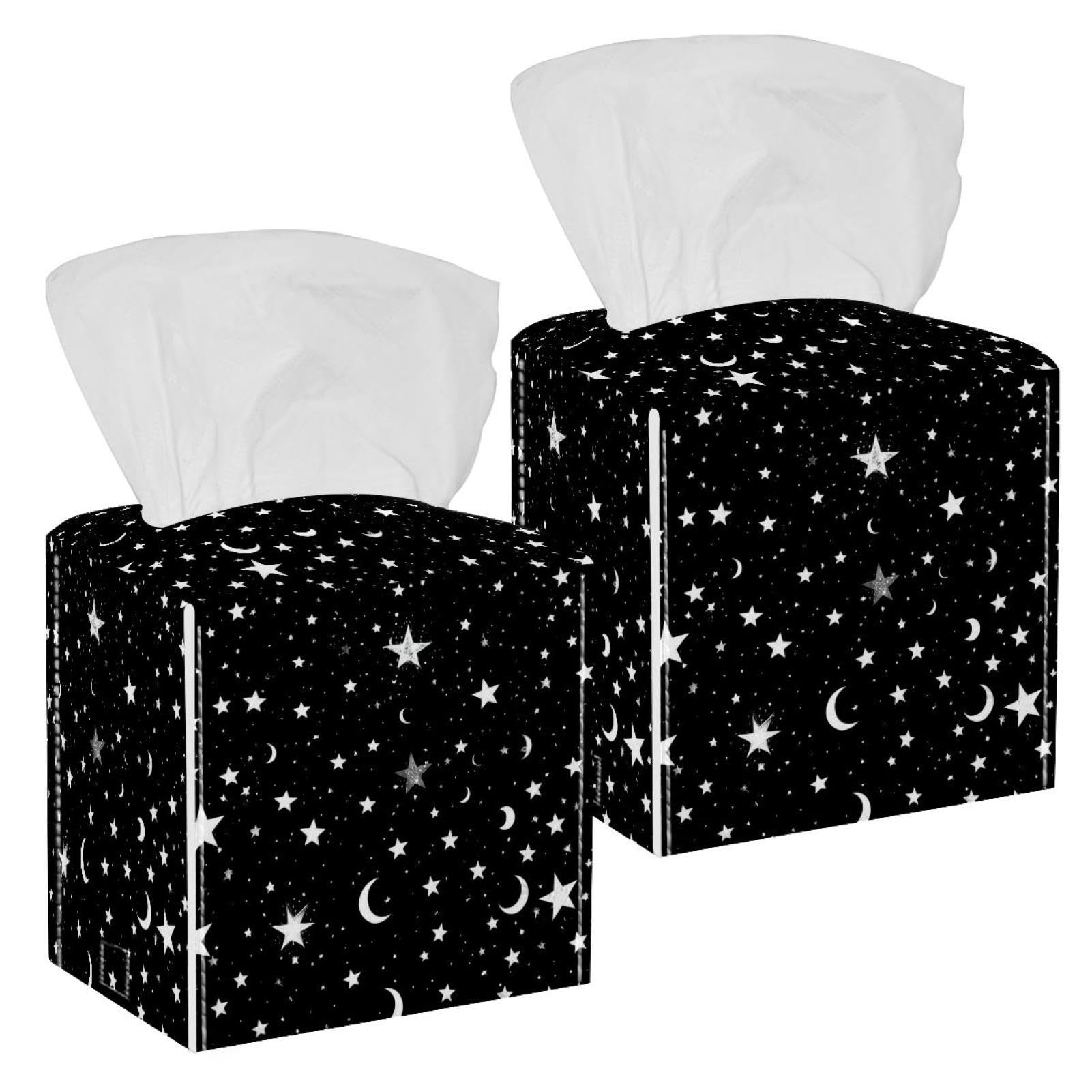 Stars and Moon Tissue Box Cover, 2 Pack PU Leather Square Facial Tissue Dispenser Box holder for Home Office Car