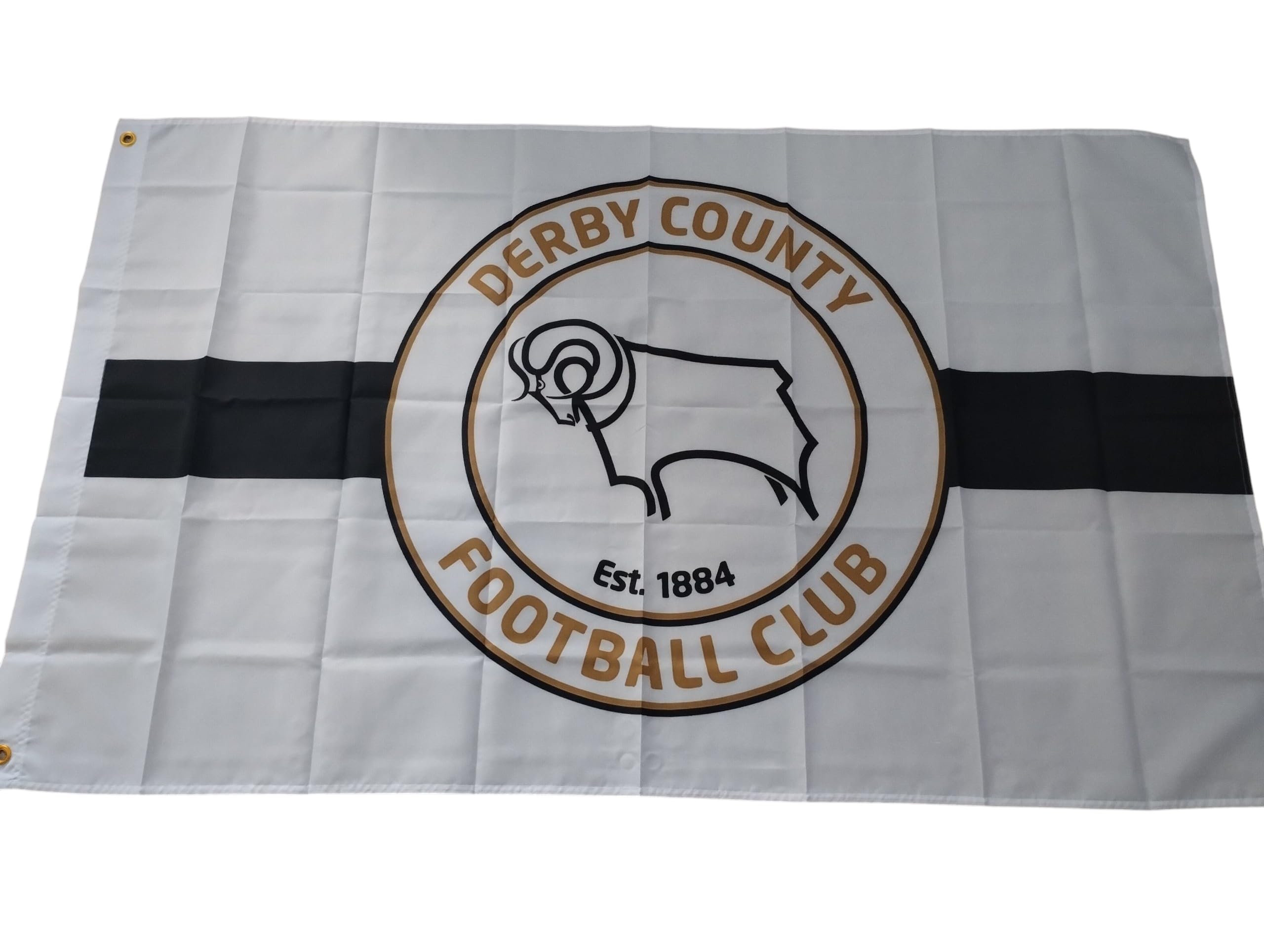 Derby county design flag 5 x 3ft white black and gold