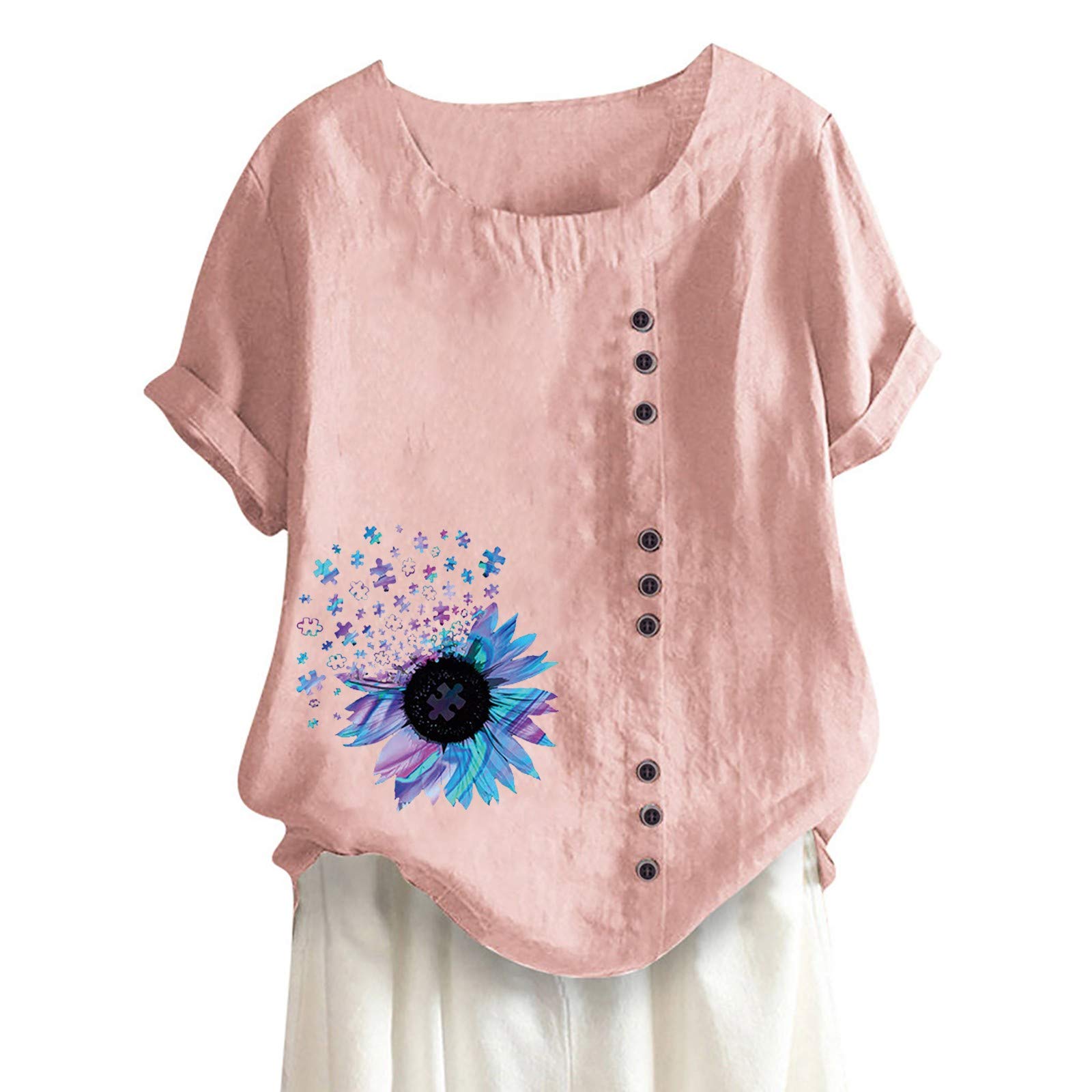 SandwindBlouse Short T-Shirt O-Neck Print Plus Women Casual Sleeve Top Floral Size Women's Blouse Blouse