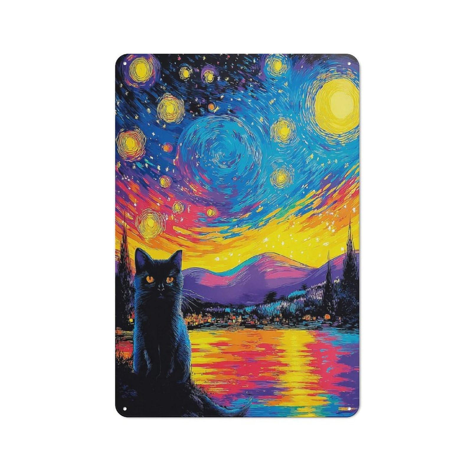Junmoney Starry Night Cat Reflections -2 Industrial Tin Sign 30X20cm, Garage Wall Decor For Garage, Hobby Room, Office Or Man Cave