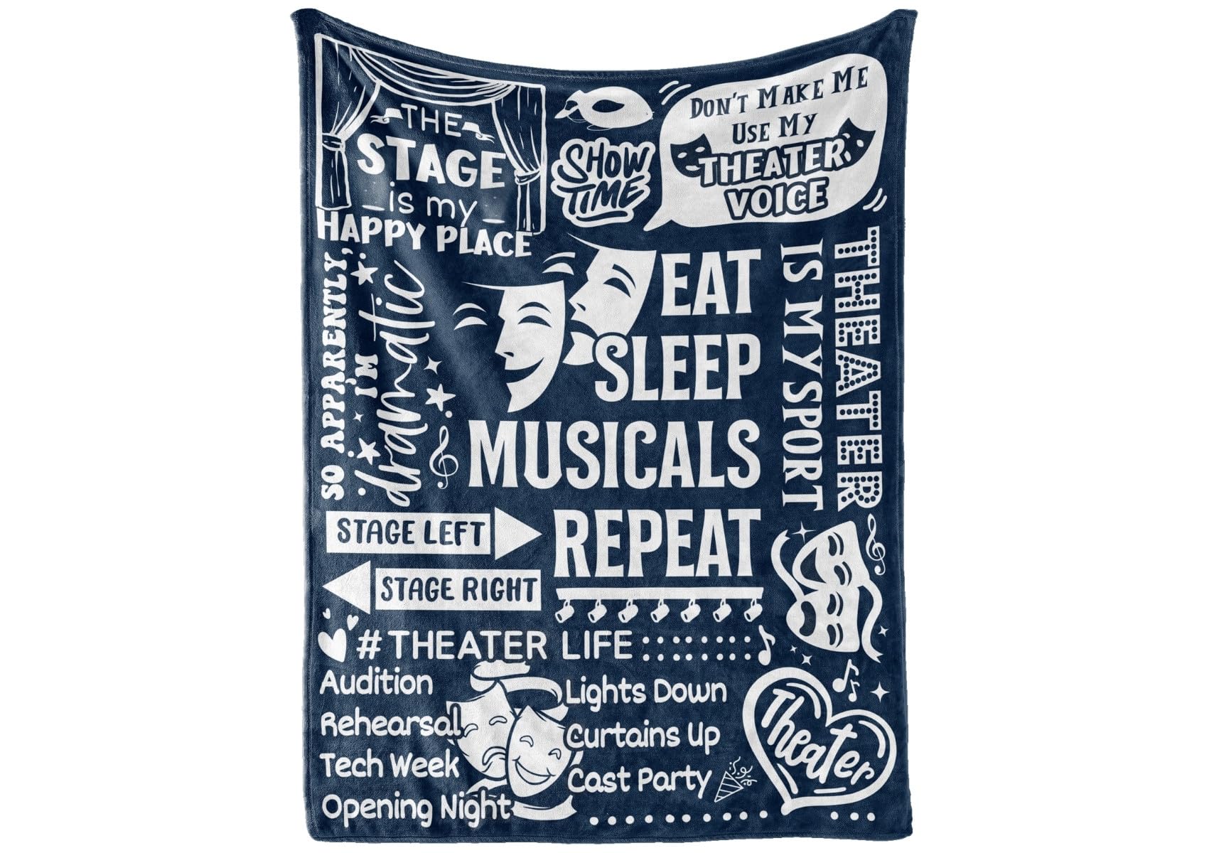 Theater Gifts Blanket Throw - Gift for Broadway Theatre Lovers Girls Boys Women - Eat Sleep Musicals Repeat - 50" x 65", Blue