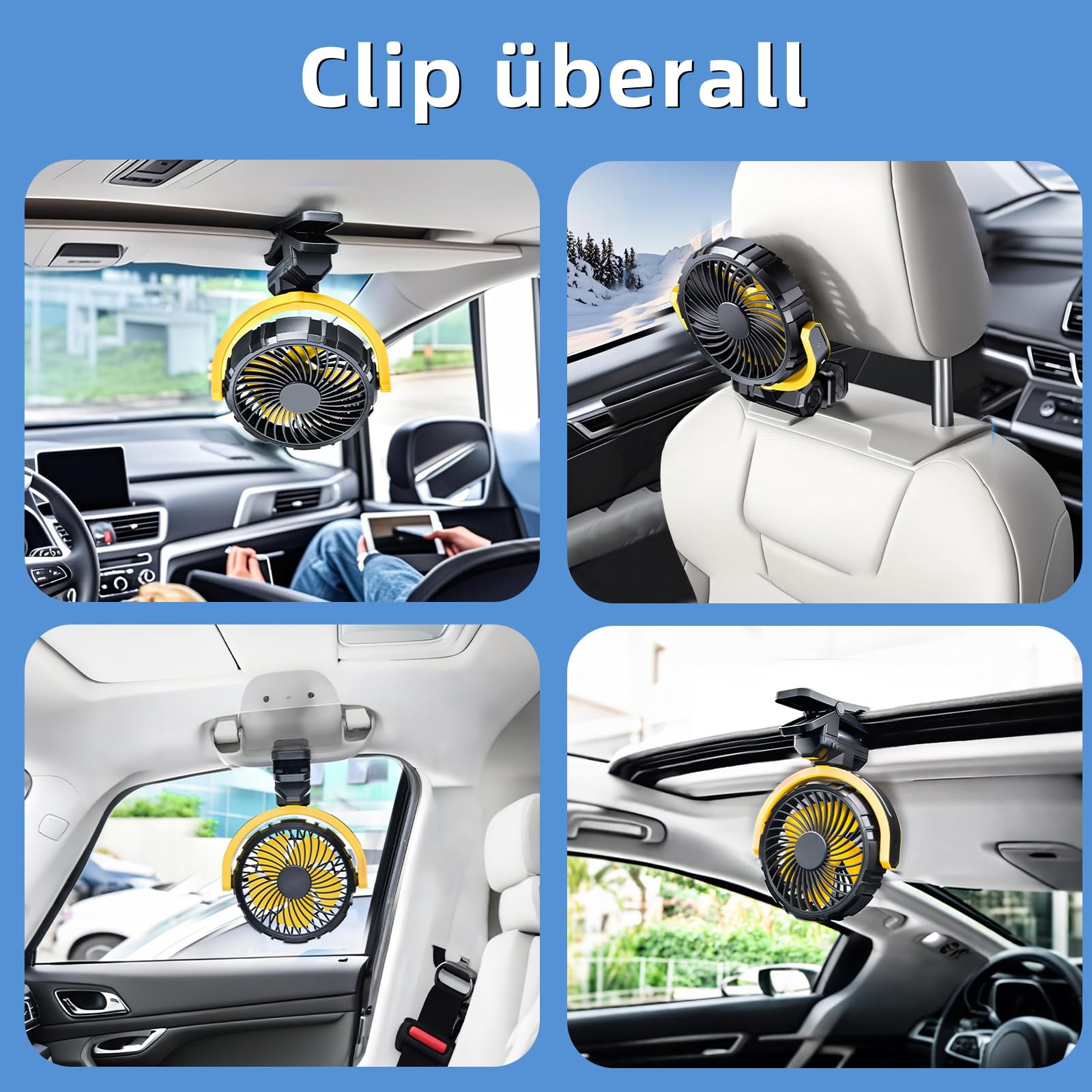Auto Clip Ventilator mit Akku,USB C Aufladbar Leise Fan Portable Klein Klemmventilator,360° Verstellbar 3 Stufen Stark Autositz Lüfter für Car, SUV, PKW, LKW, Wohnmobil, Pickup, Van(Gelb)