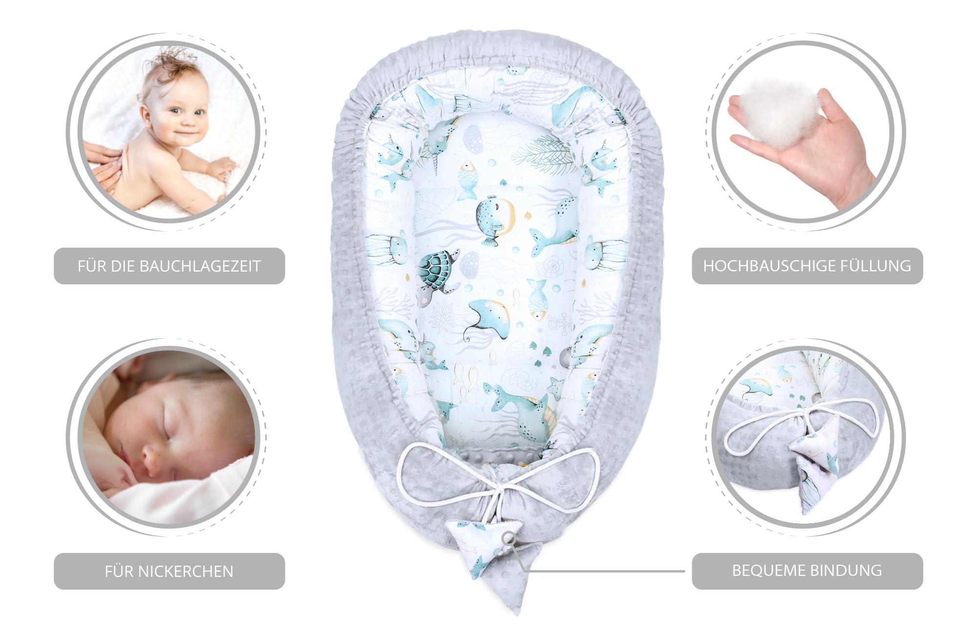 Totsy Baby Riduttore lettino 90x50 cm - Nido Neonato Riduttore Culla Cotone Animali acquatici grigio chiaro