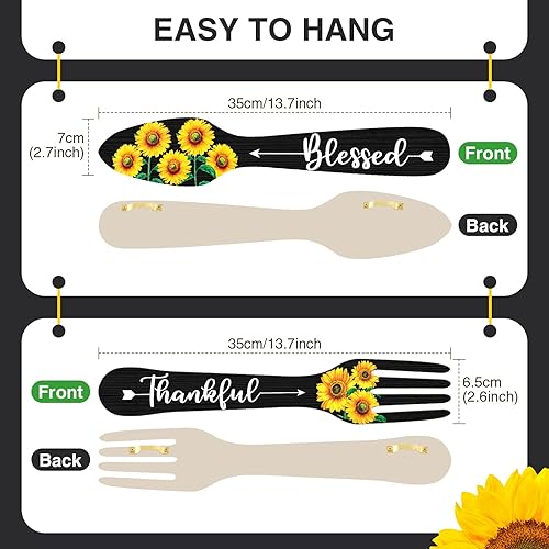 Miniatura 10 de Yerliker 3 piezas de girasol para decoración de cocina, con texto en inglés Hello Summer Blessed Thankful, letreros colgantes de madera, tenedor y