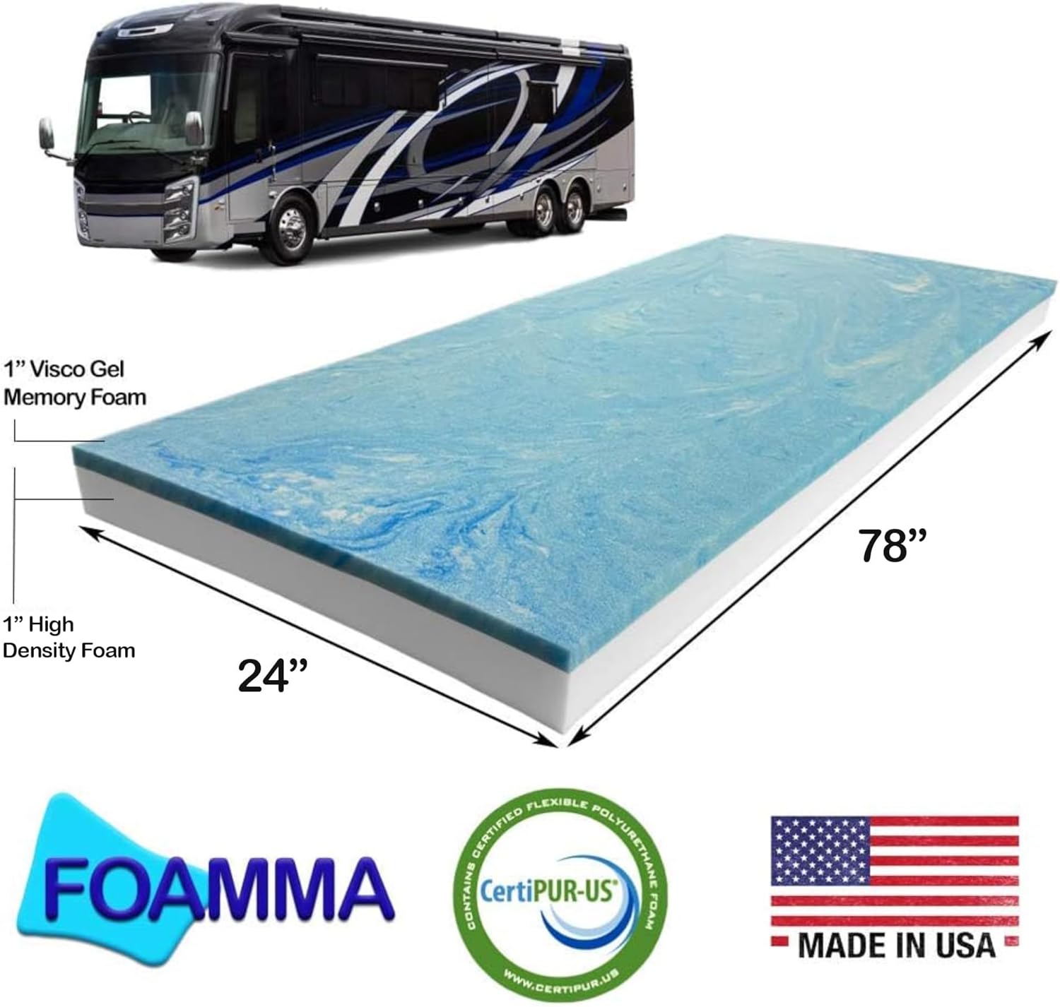 Foamma 2” x 24” x 78” Truck, Camper, RV Travel Visco Gel Memory Foam Bunk Mattress Replacement, Made in USA, Comfortable, Travel Trailer, CertiPUR-US Certified, Cover Not Included