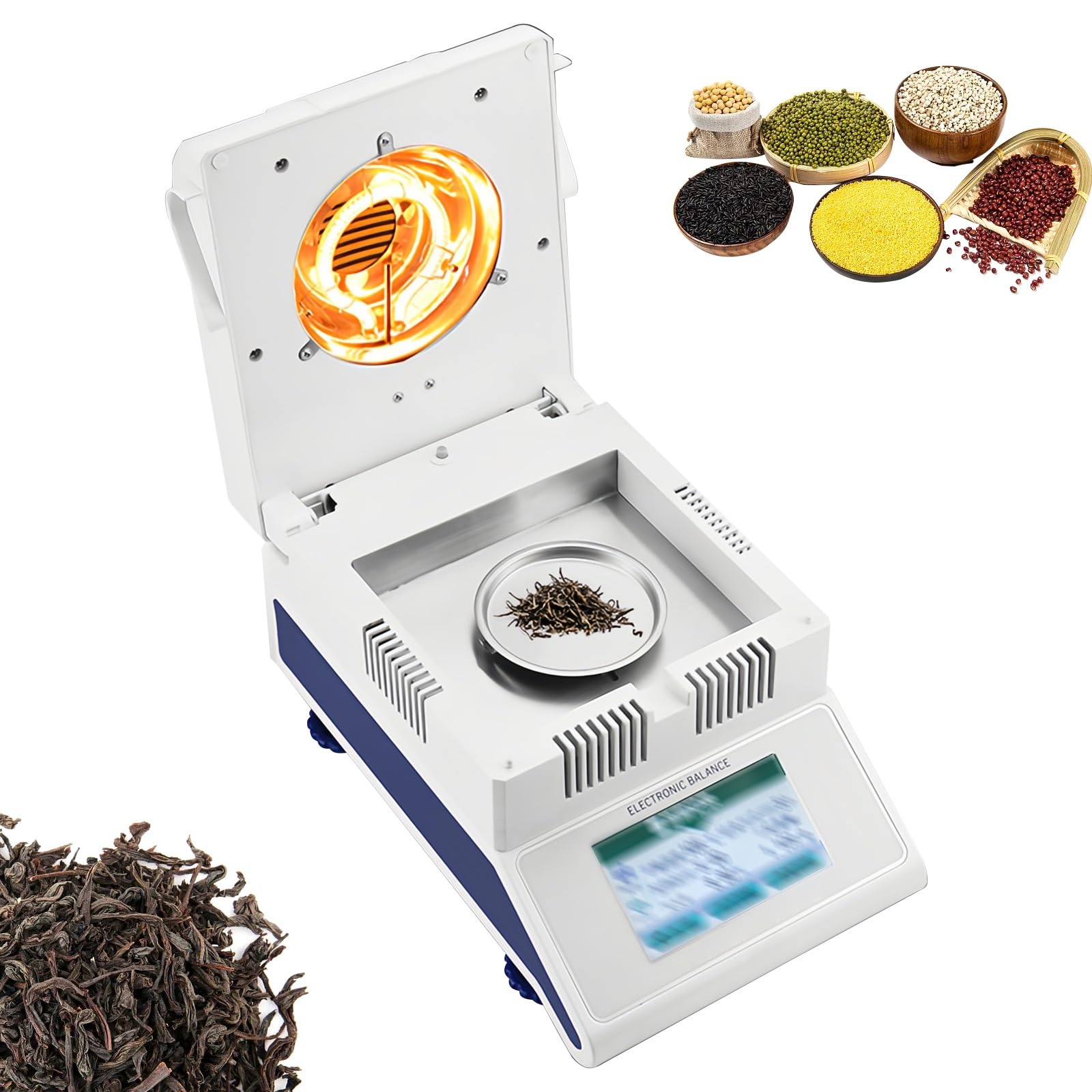 Analizador de humedad halógeno digital, medidor electrónico de humedad con pantalla táctil, equipo de medición de granos, modo dual automático/temporizado, para análisis precisos(50g/0.001g)
