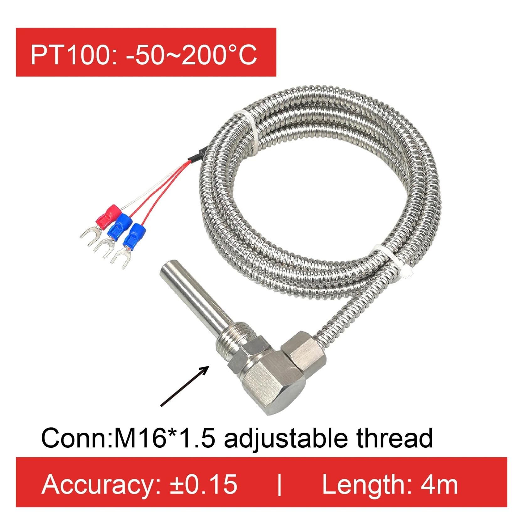 Capteur de température Sensor de Temperatura del cojinete del Motor, sonda RTD PT100, Sensor de Temperatura roscado en Forma de L, sonda Industrial de Acero Inoxidable(Pt100 4M)