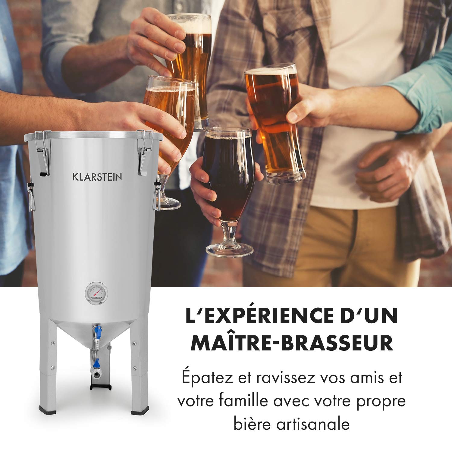 Klarstein Gärkeller Pro - Cuve de fermentation, Bière artisanale, 30L de capacité, Comprenant un barboteur, Inox 304, Thermomètre jusqu'à 40 °C, Robinet de vidange, Argent