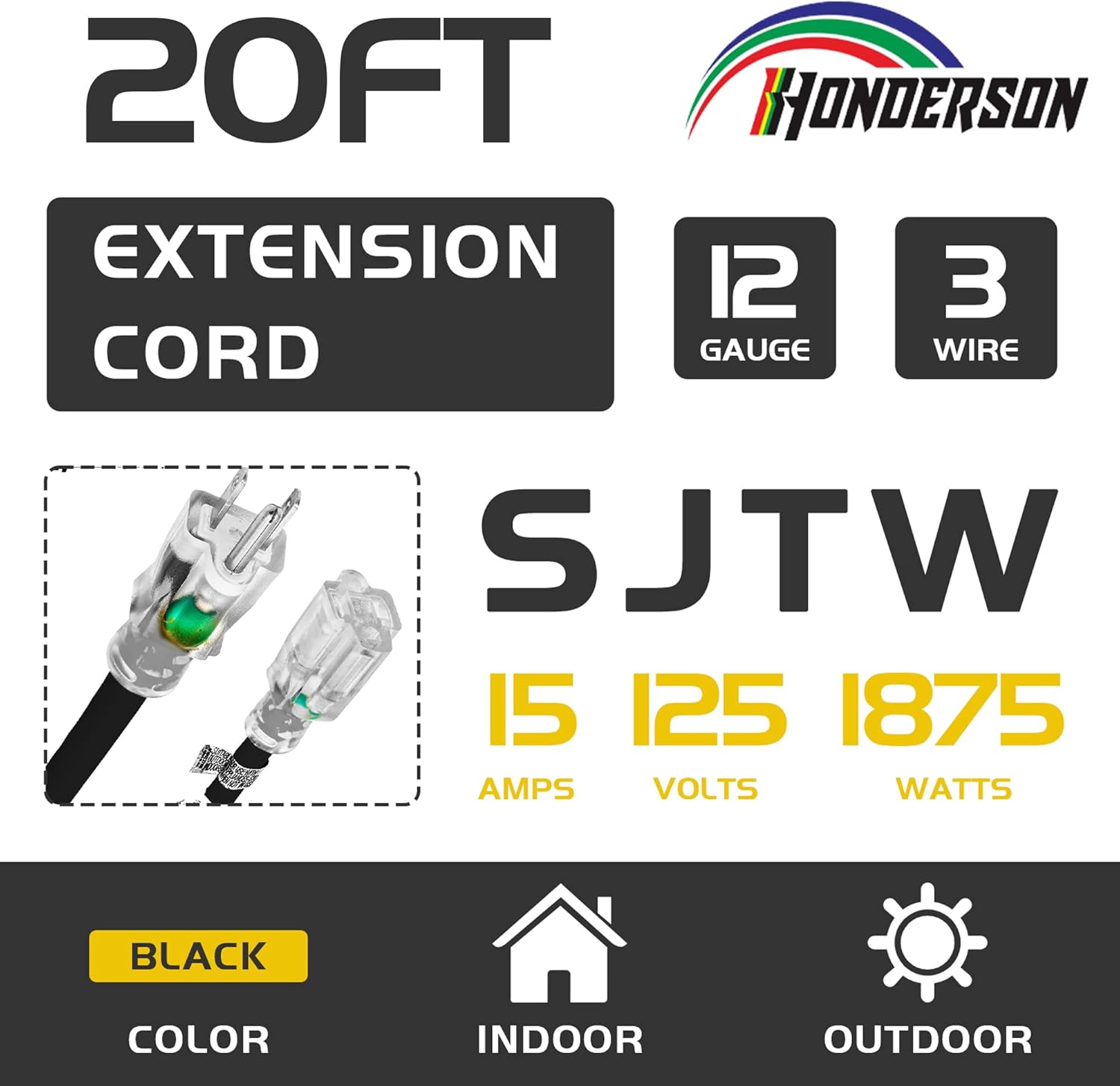 Indoor Outdoor Extension Cord Weatherproof with Lighted End, UL Certified, 12 Gauge 20FT Black 3 Prong Heavy Duty, 12/3 SJTW 15A Power Cord for Outdoor Lights, Lawn