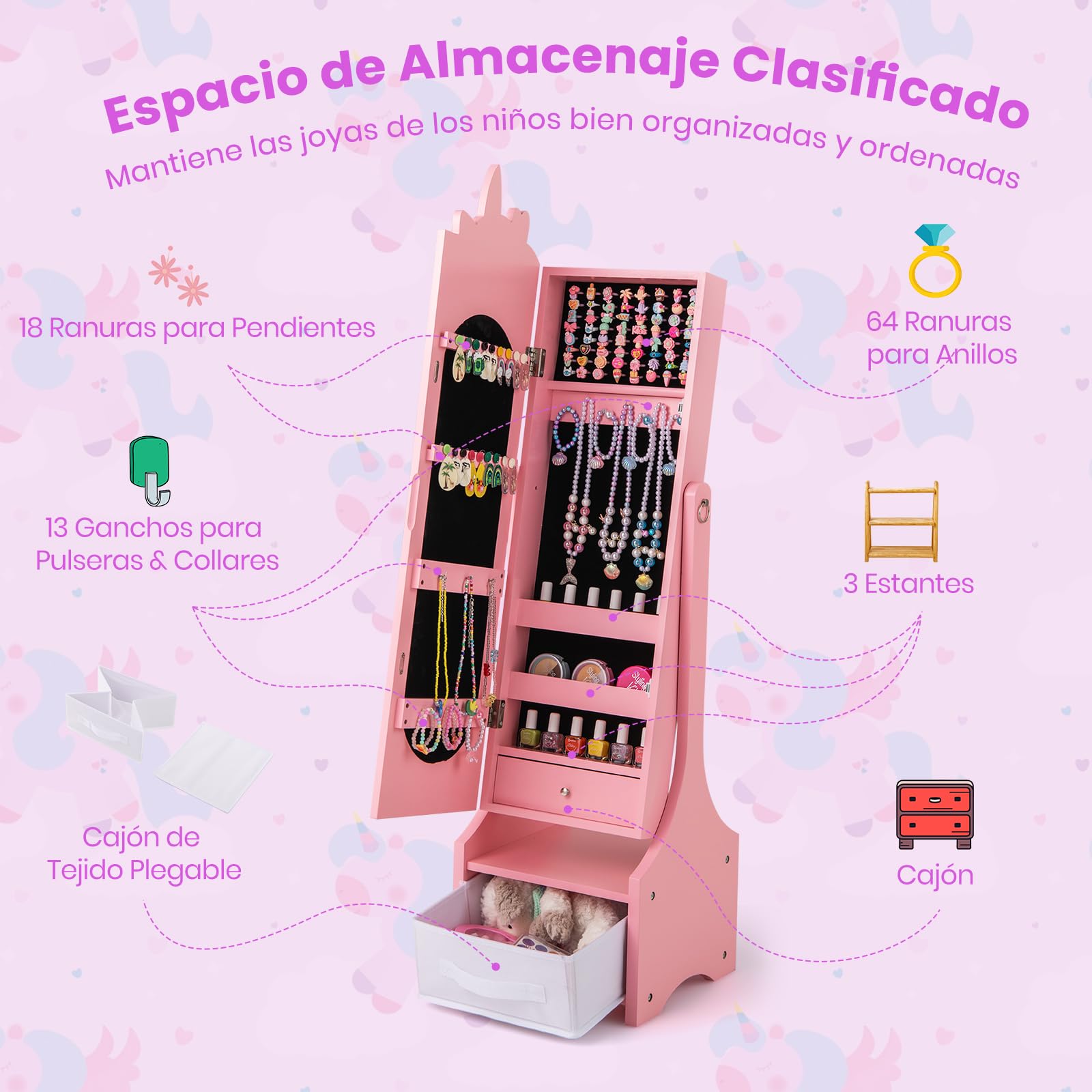 GOPLUS Armario de Joyería para Niños con Espejo de Cuerpo Completo, Organizador de Joya de Pie con Cajón Plegable, 2 Ángulos de Inclinación Ajustables, Armario de Joyas Infantil (Rosa)