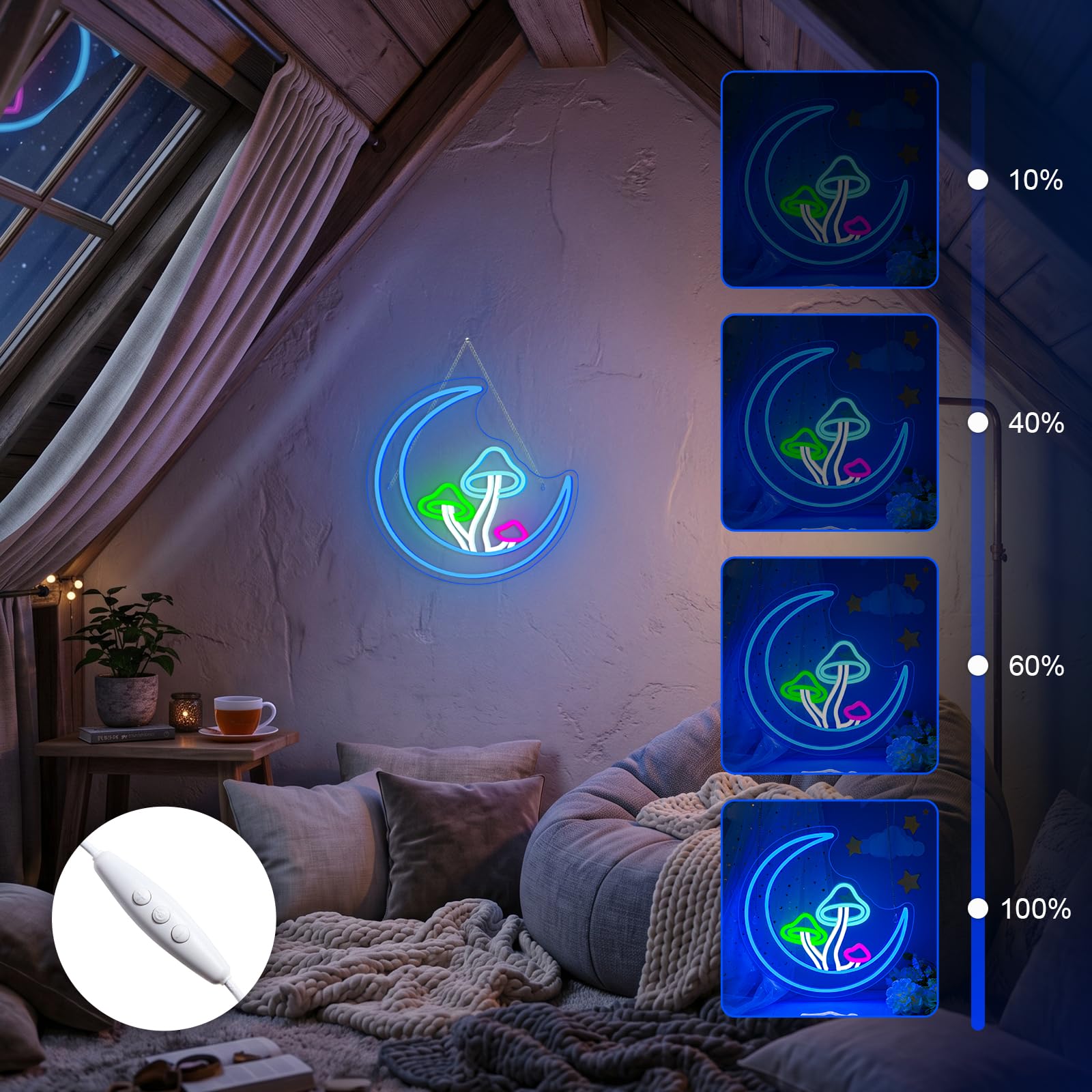Księżyc, grzyb, neonowy znak, niebieski księżyc, neonowe światła do dekoracji ścian, grzyb, podświetlane znaki USB LED do pokoju dziewczęcego, salonu, pokoju dziecięcego, domu, baru, sklepu