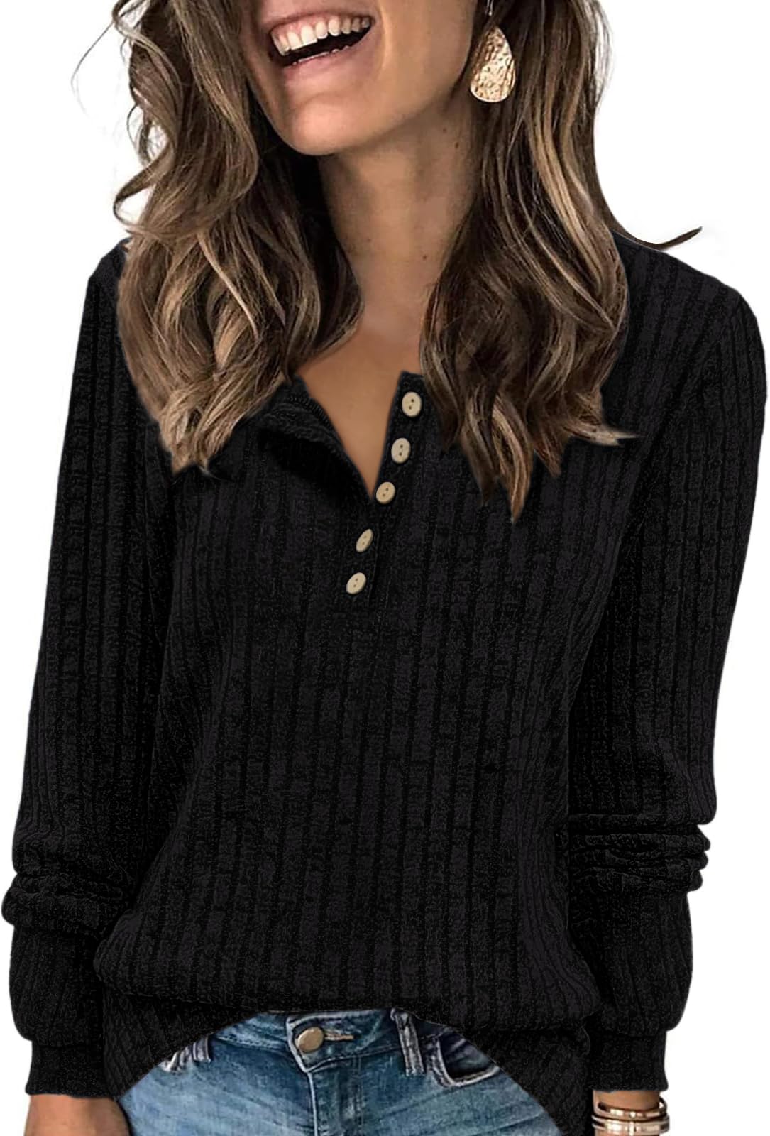 Tanmolo Damen Leichte Strickpullover Langarm Henley Shirt Herbst lässig Rundhals-Knöpfe Elegant Sweatshirt Tunika Tops